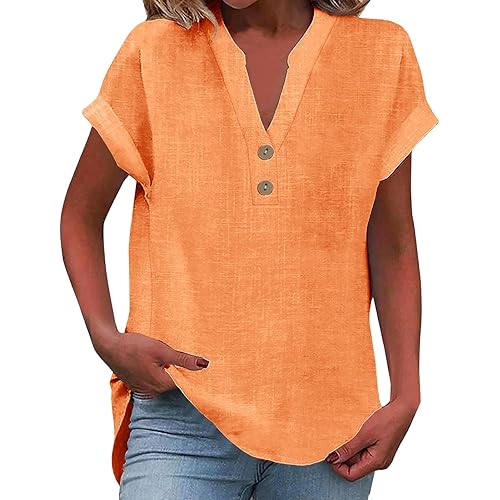 Linen Shirt for Women Summer Button Down Short Sleeve V Neck Tops Solid Color Comfy Blouses Casual Dressy Tunic Tees