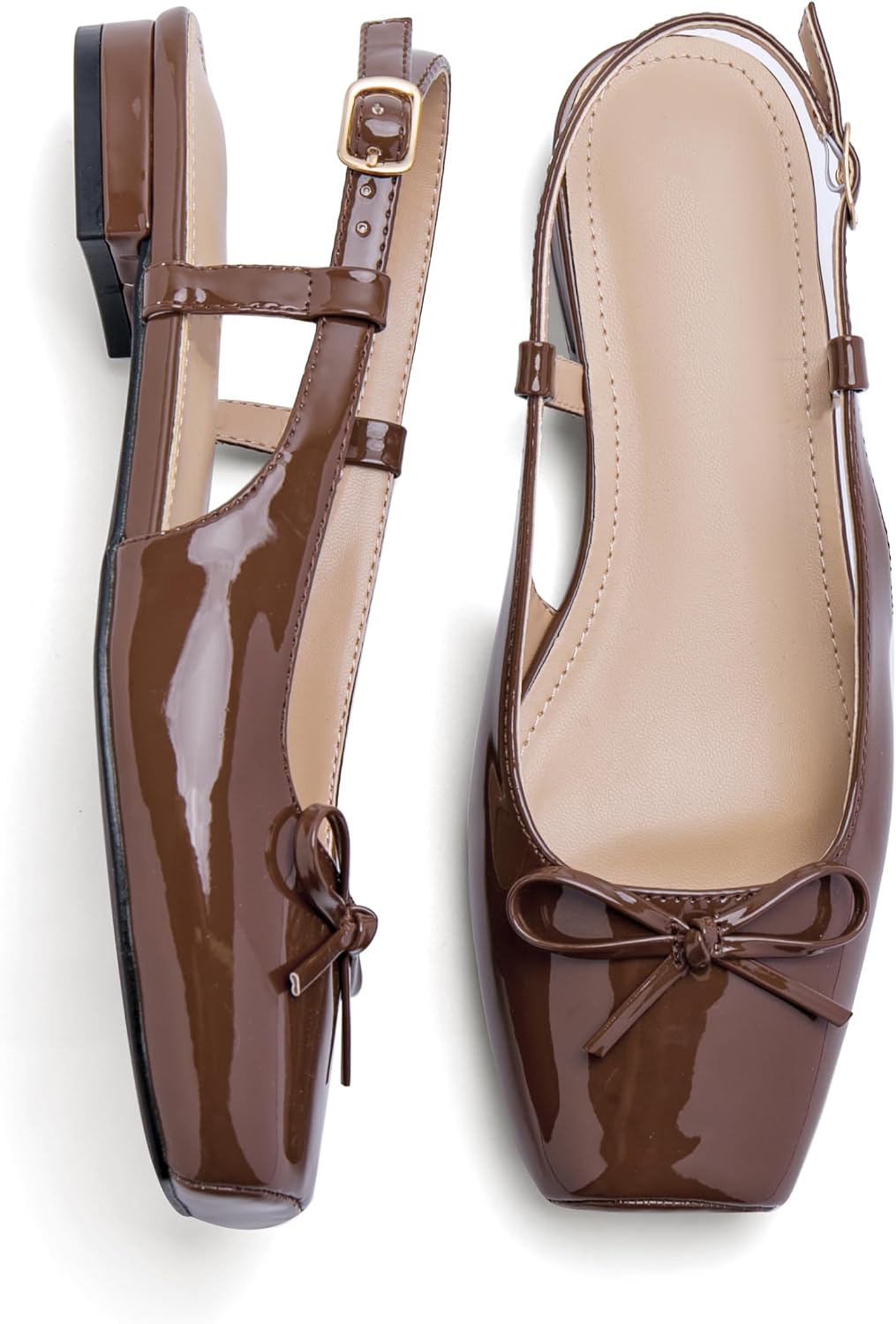 Condition photo showing New/Like New for women's ballet flats slingbacks square toe bow knit dressy flat shoes with ankle buckles satin 10 chocolate