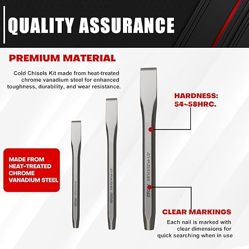 Miniatura 3 de C&T Kit de cinceles fríos multiusos de 3 piezas, 38, 12, 58 pulgadas, para carpintería, metal, carpintería y trabajos de mampostería