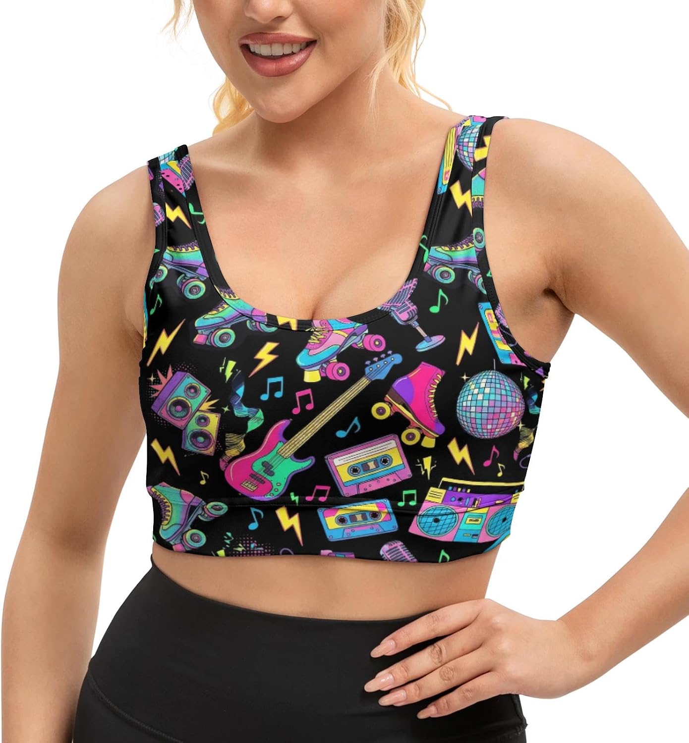 Women's Sports Bra Funny Print Workout Running Tops Scoop Neck Padded Yoga Bras Athletic Swim Crop Top for Women