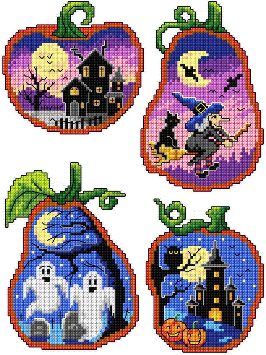 Counted Cross-Stitch Kit on Plastic Canvas with Halloween Scenes. 4 Lovely Ornaments Different Dimensions 147CS. 14 Count Plastic Canvas Sheets. Perfect for Art & Craft Amateurs