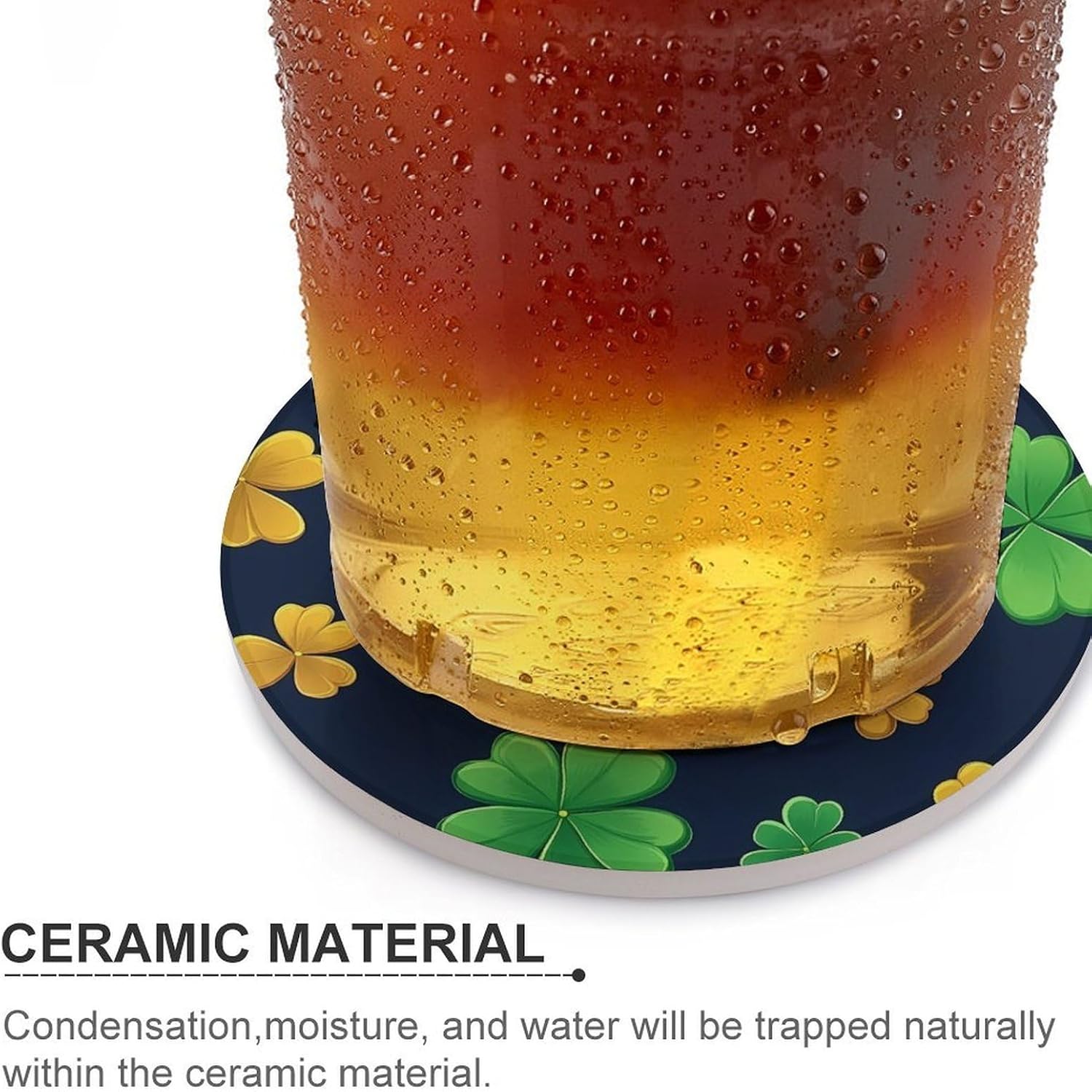 Shamrock Stpatricks Day Coasters for Drink Round Ceramic Coaster with Cork Base Home Decorative 6PCS