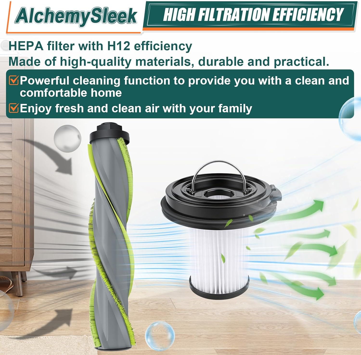3797V Replacement Roll Brush for Bissell Cleanview XR Pet 300W / CleanView XR 200W / Powerlifter Turbo Cordless Stick Vacuum, Models 3789X, 3789U, 3789, 3797V, 3797, 3797W, 1 Green Roll and 2 Filters
