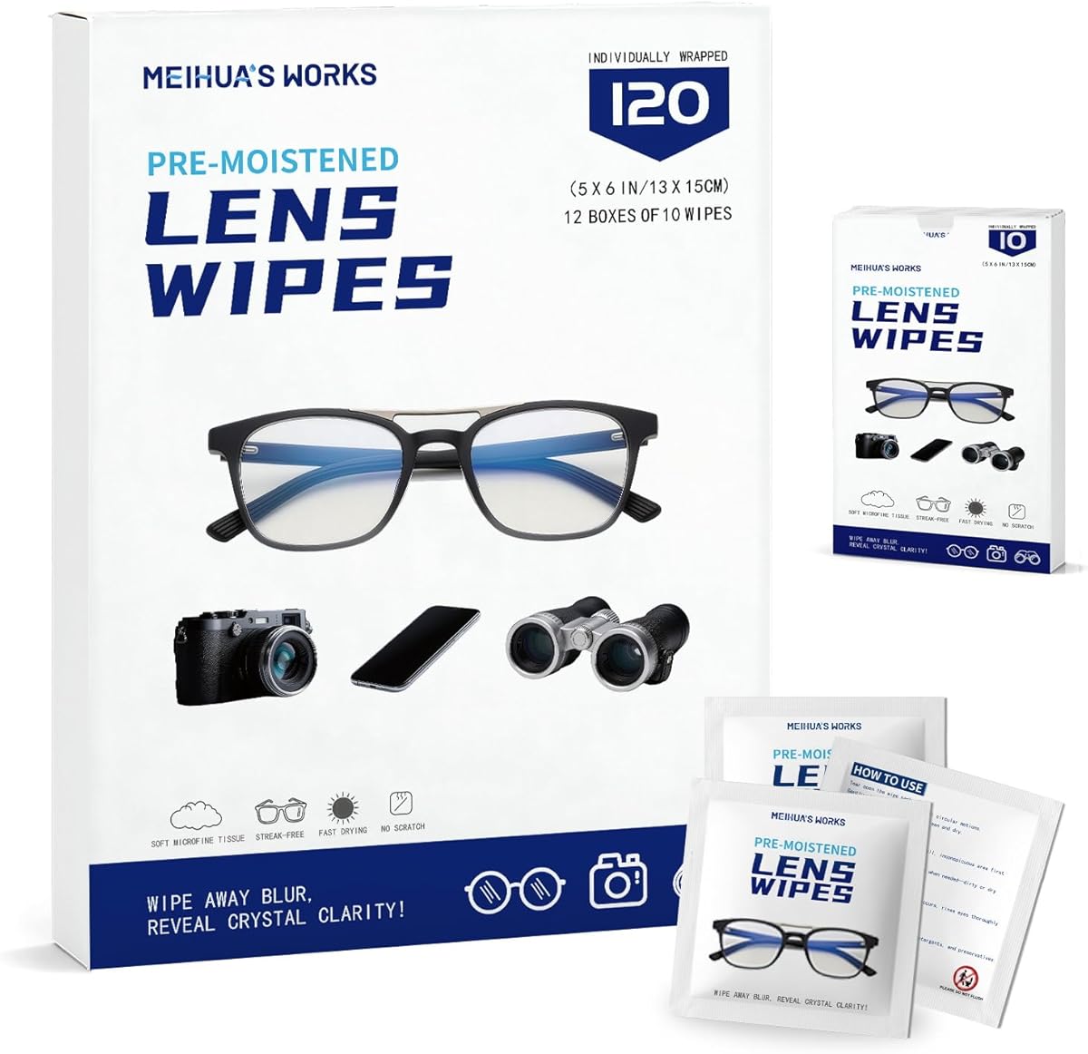 Third-Generation Lens Wipes, 120 Count, Individually Wrapped Pre-Moistened Cleaning Wipes for Eye Glasses, Camera Lens Cleaner, Streak-Free Scratch-Free Screen Cleaning for Phone, Sunglasses, Laptop