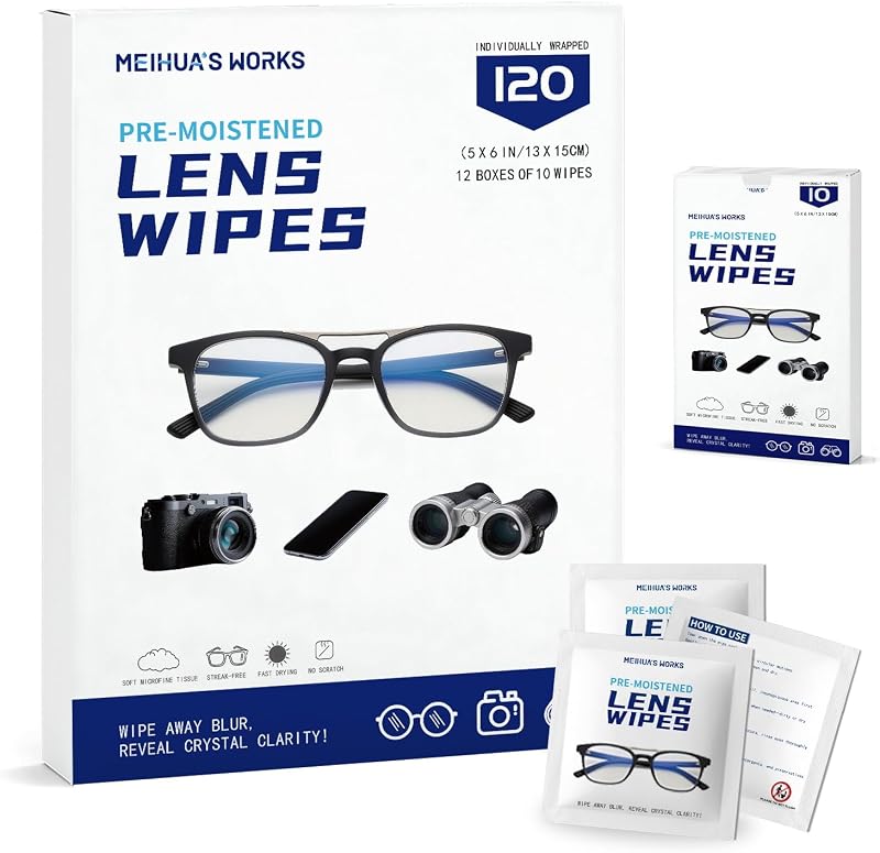 120 Count Lens Wipes for Eyeglasses, Eye Glasses Cleaner Wipes for Screens | Pre-Moistened Individually Wrapped, Streak-Free Scratch-Free, Travel, Eyeglass Cleaning Wipes for Sunglasses, Camera Lens