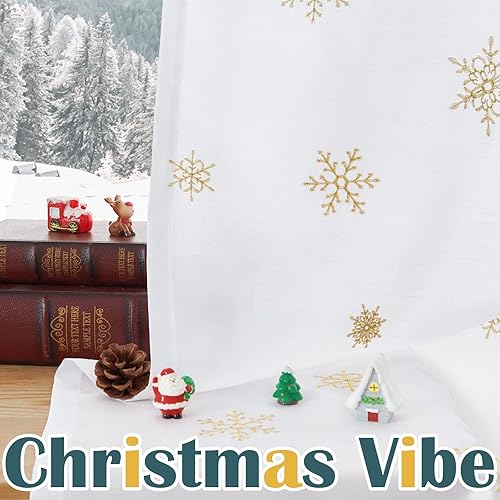 Miniatura 5 de jinchan Cortinas blancas bordadas con copos de nieve dorados de 63 pulgadas de largo, cortinas de Navidad para sala de estar, dormitorio, pestaña