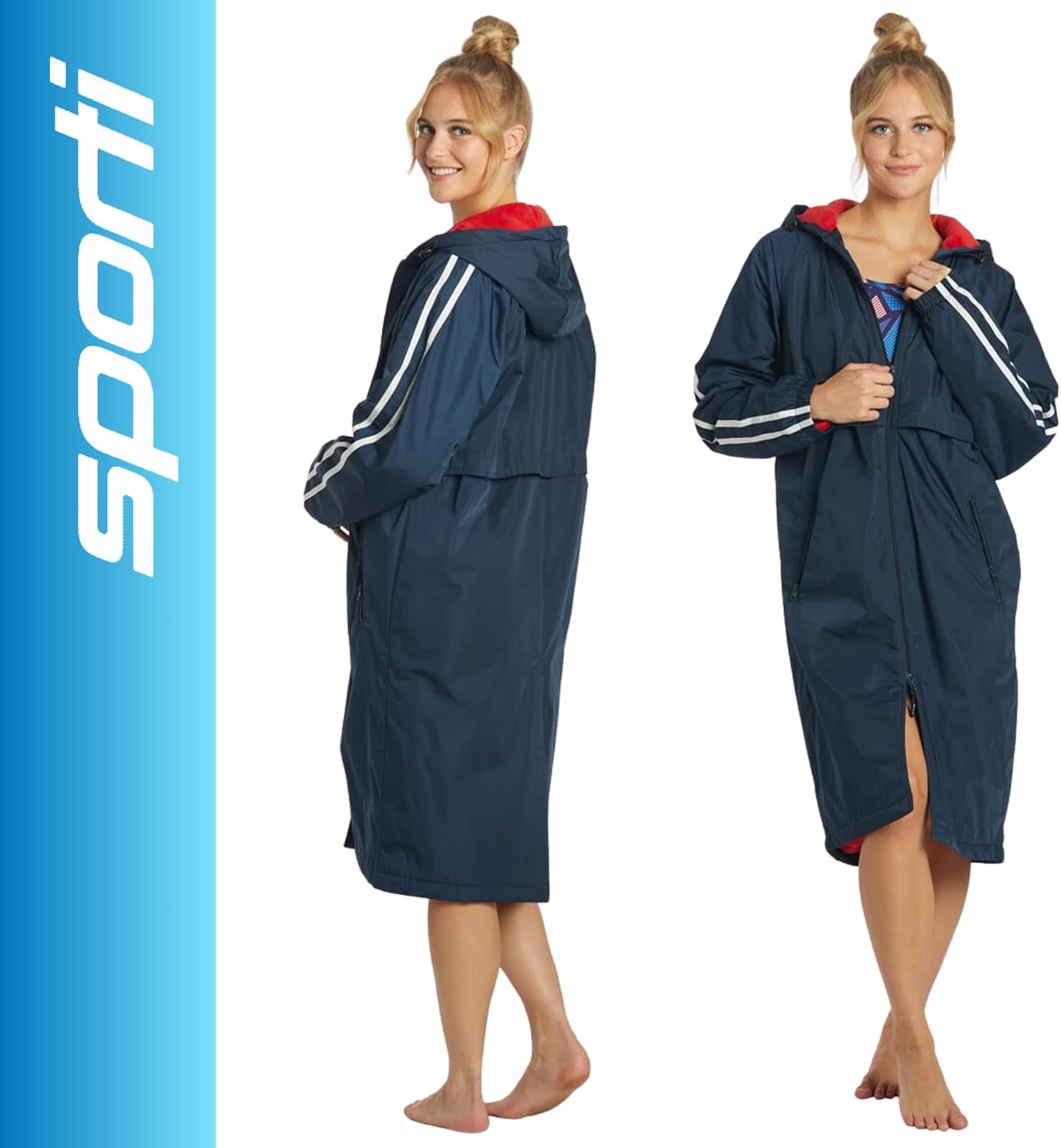 Sporti Unisex Swim Parka with Comfort Plush Fleece Lining, Multi Pocket Zipper - Water Resistant Swim Coats for Women & Men