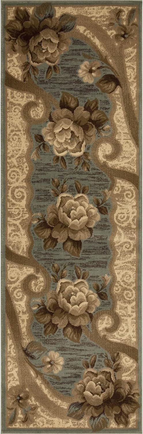 BNM Indoor Area Rug Runner with Jute Backing, Great for Entryway, Living Room, Kitchen, Dorm, Bedroom, Hallway, Perfect for Hardwood Floors, Traditional Floral Scroll, 2'7" x 8, Slate