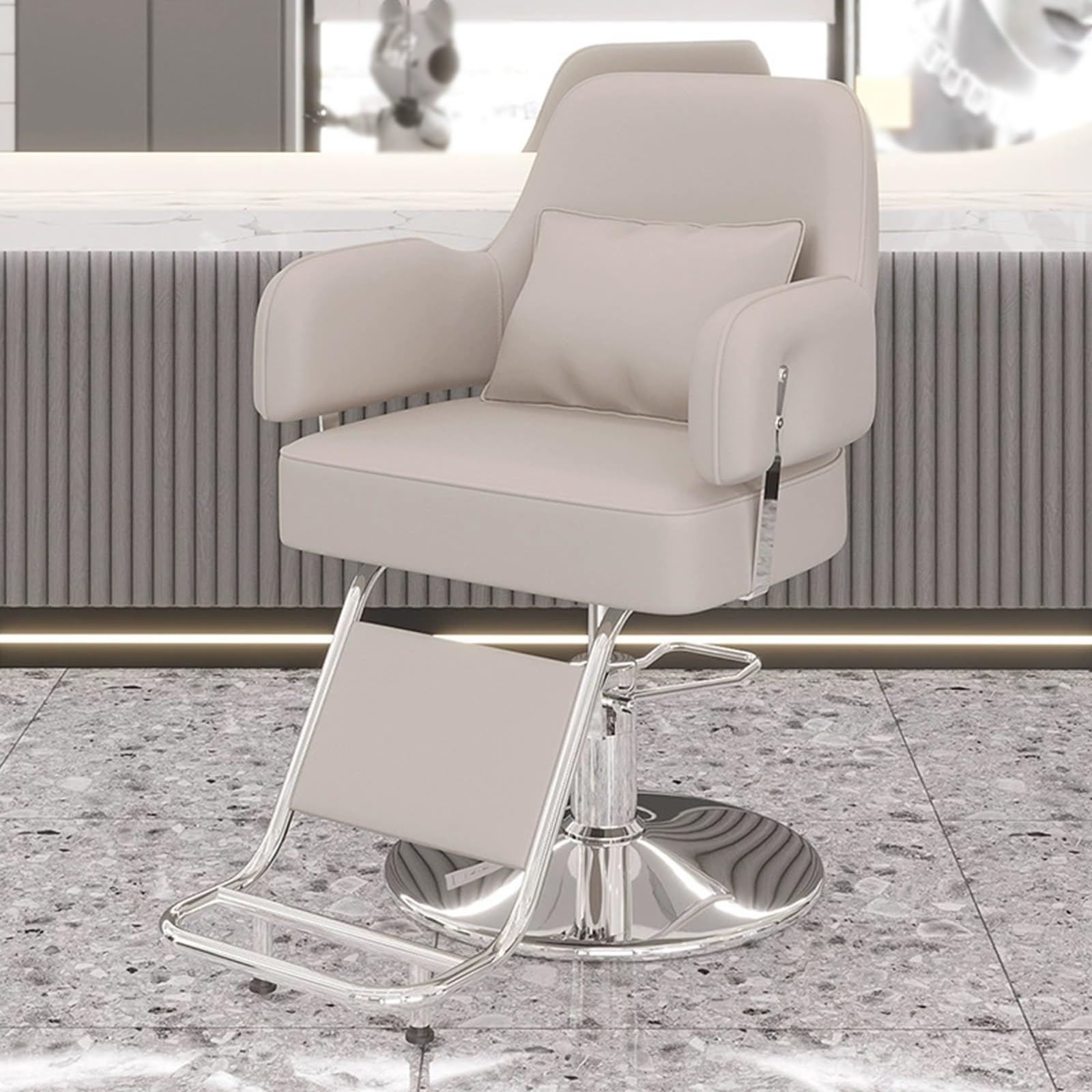 Sillon Peluqueria Profesional con Cojín de Asiento Acolchado Giratorio 360 Altura Regulable Cuero PU Silla Barberia con Base Cuadrada Plateada y Reposapiés para Salón Profesional y Hogar(Beige)