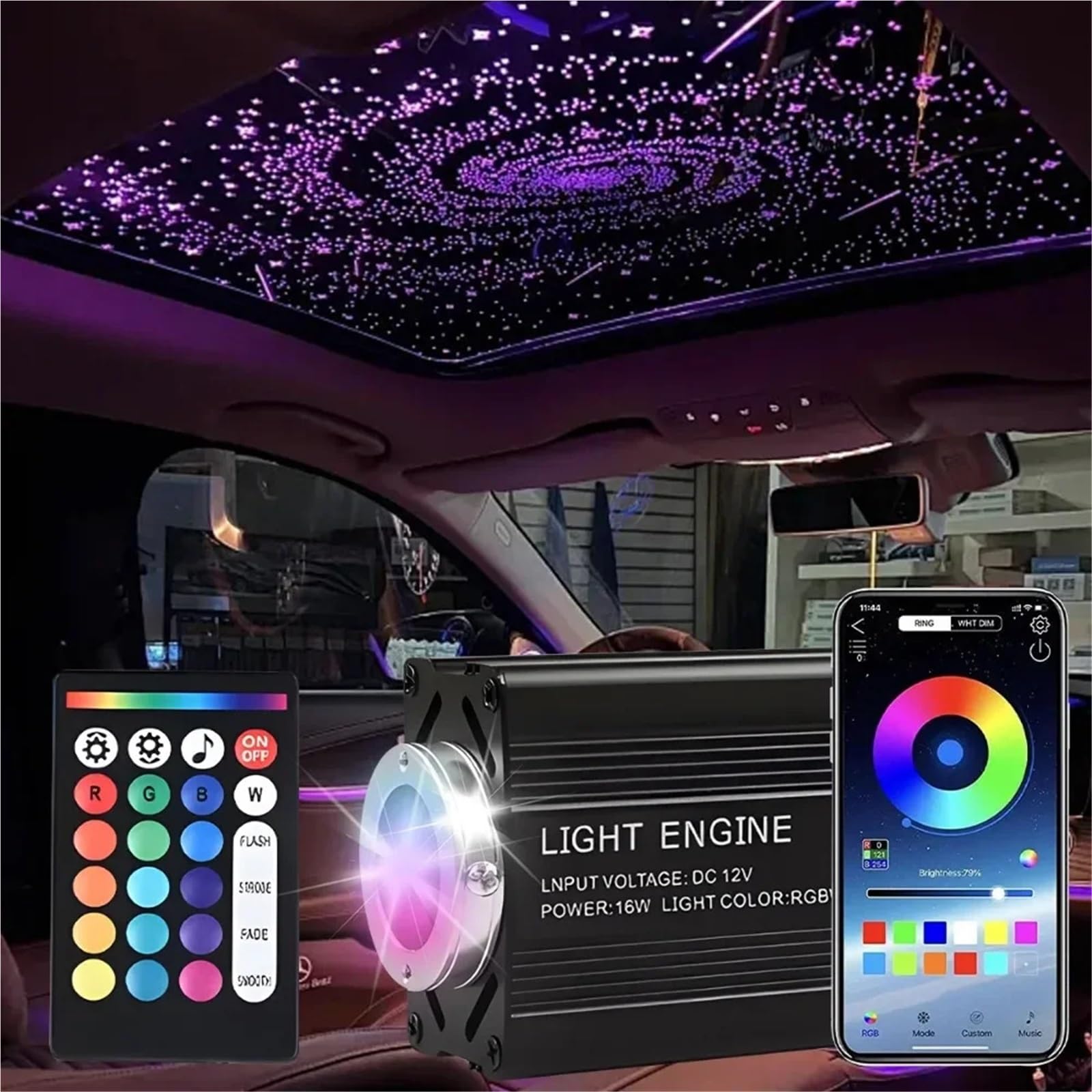 Kit de luces LED fibra óptica for techo coche, 12 W, 500/1000 unidades, con control por aplicación música RGB Meteor Alta Eficiencia(075mm 500 2M)