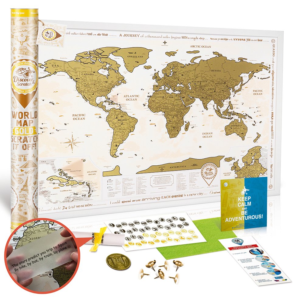 DMap factory™ Mapa del mundo para rascar XXL – 88 x 62 cm – Dorado con accesorios y tubo de regalo, regiones detalladas, mapa de viaje, mapa de viaje