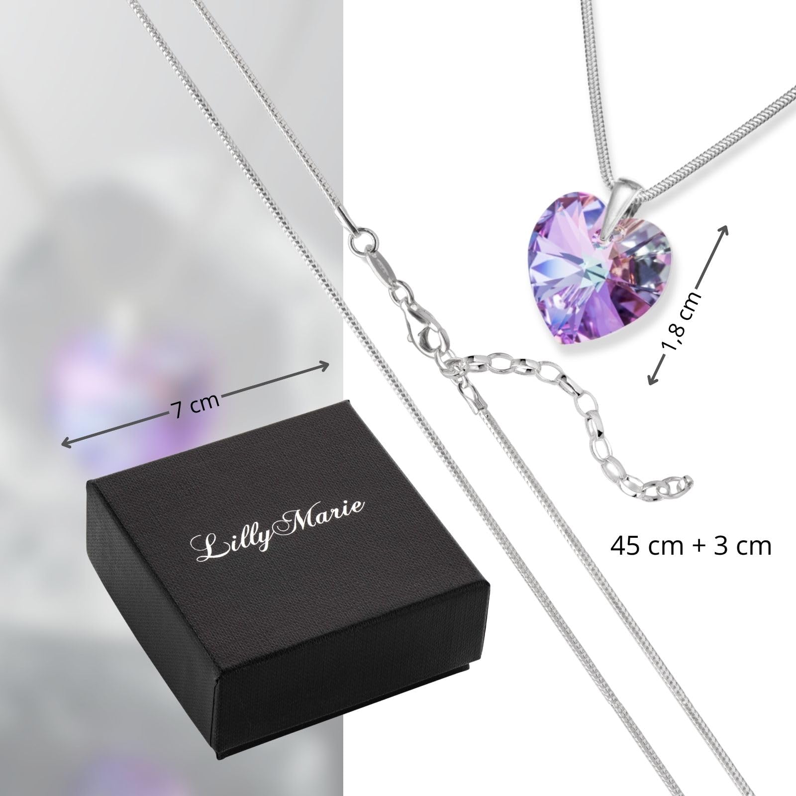 LillyMarie Collar De Mujer En Plata De Ley Con Colgante De Corazón Multicolor Violeta Y Longitud Ajustable