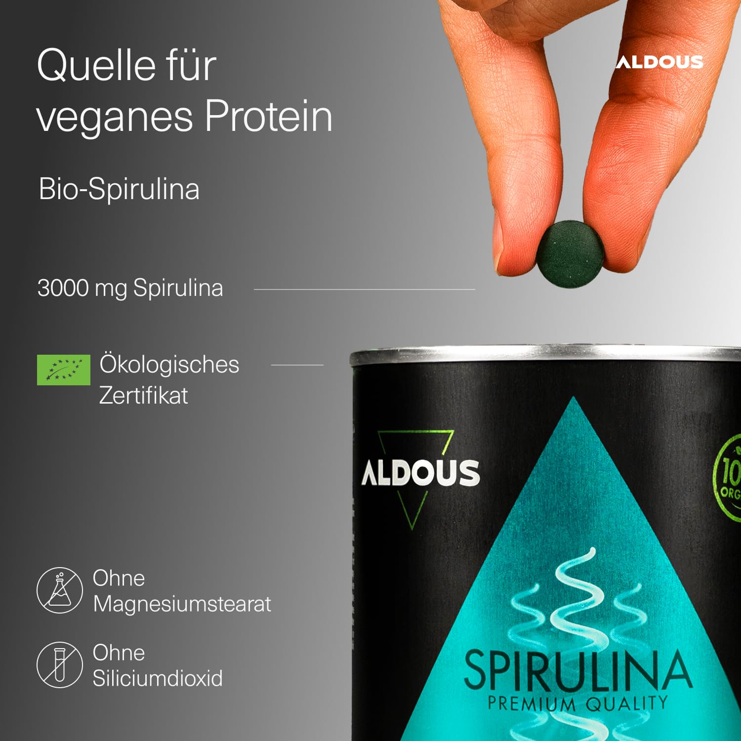 Bio Spirulina Tabletten - 600 Tabletten, Hochdosiert, 3000mg pro Tagesdosis - 100% Natürlich Sättigend - DETOX - Vegan Protein - Antioxidans - Energie Booster - Plastikfrei - ALDOUS