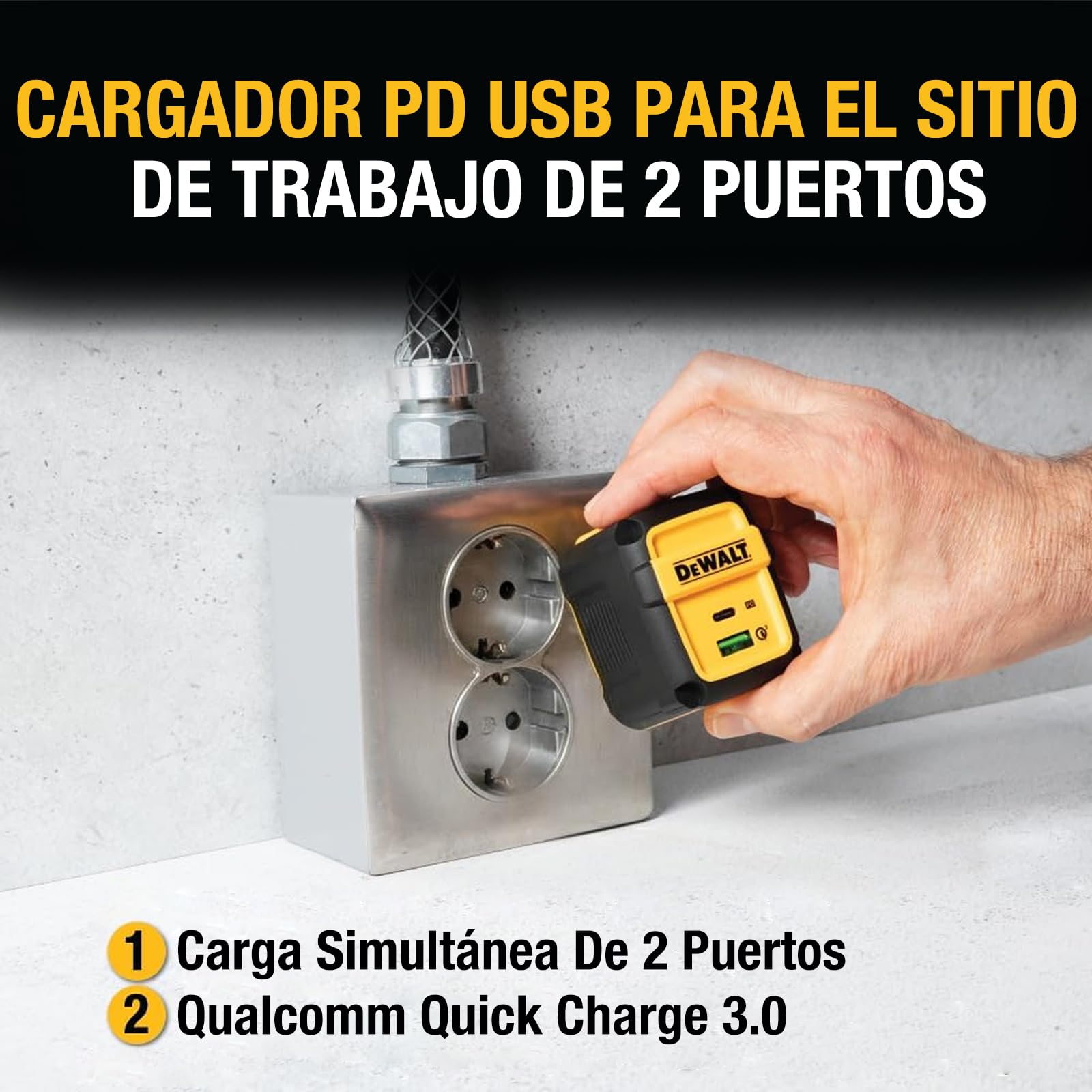 DEWALT Cargador Rápido 49,5W USB-C y USB-A, Adaptador de Pared EU 2 Puertos PD 30W Fast Charger para iPhone 16/15/14, Samsung Galaxy, Google Pixel, iPad, Cargador Compacto (Negro/Amarillo)