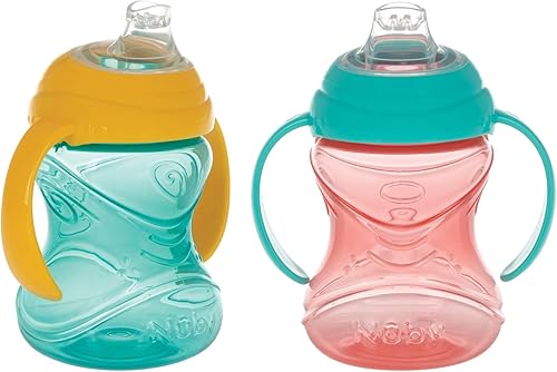 Nuby Clik-It - Vaso para beber de entrenamiento sin derrames con asas, paquete de 2, 10 onzas, más de 4 meses, color aguamarinarojonaranja