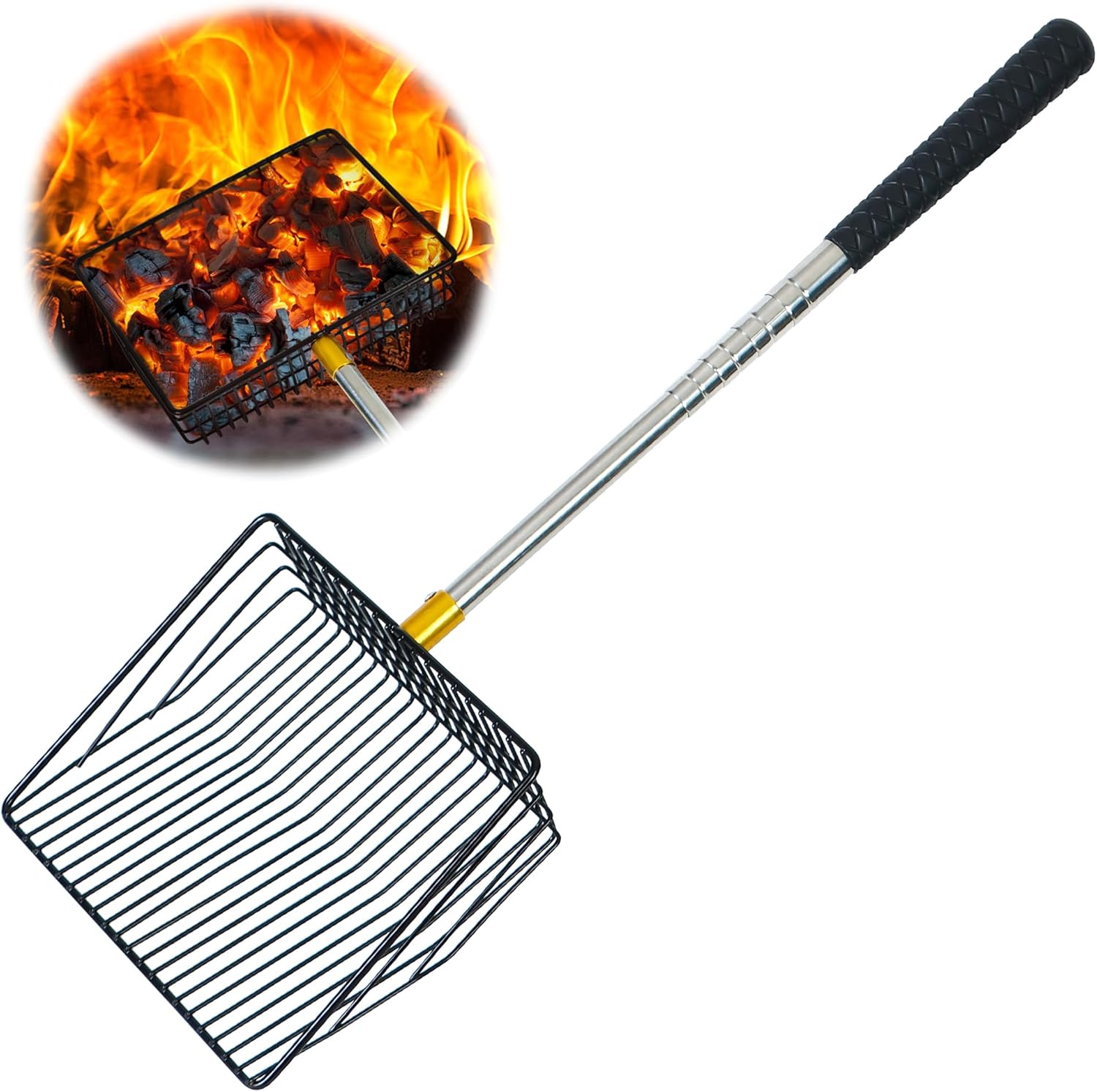 Hollow Out Fireplace Shovel Black Metal Coal Shovel Fireplace Ash Sifter Scalable Stainless Steel Handle with Silicone Protector to Prevent Burns, Fireplace Tools for Woodstove to Separate Coals