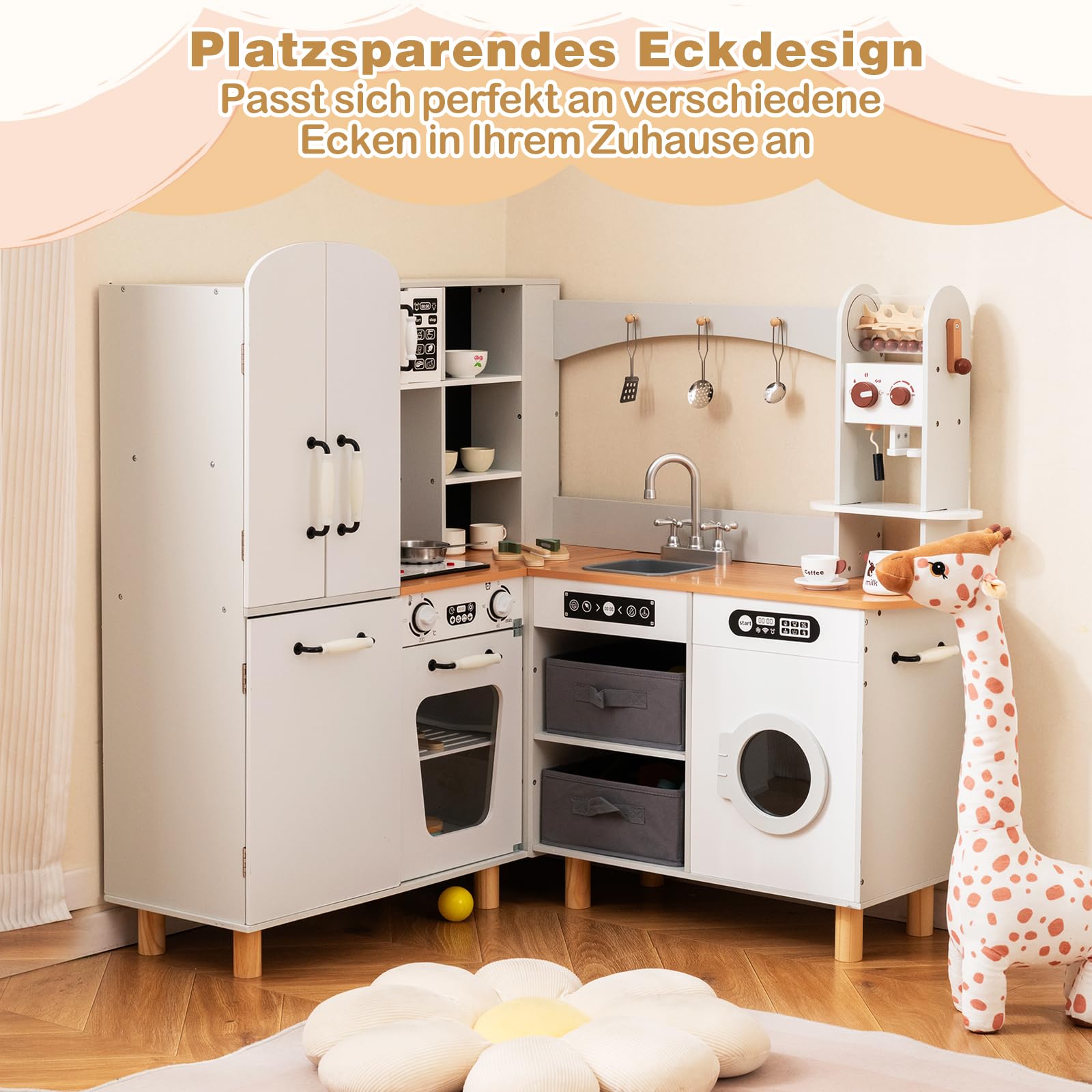 COSTWAY Kinderküche, Eck-Spielküche inkl. 12 Zubehör & Stoffkörben, Holzküche mit Doppeltür-Kühlschrank, Kaffeemaschine & Waschmaschine, Spielzeugküche mit Licht & Sound für Kinder ab 3 Jahren (Weiß)