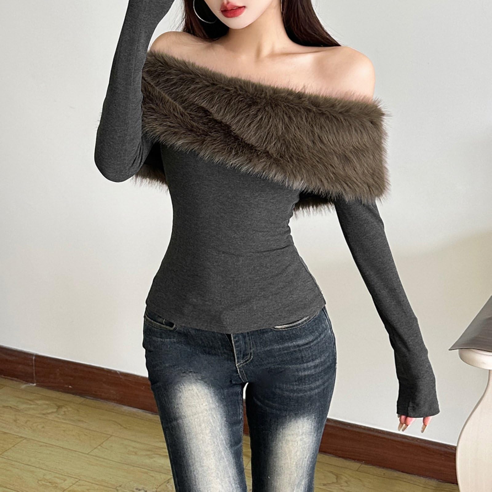 T-Shirts Courts Pour Femmes En Fausse Fourrure Épaules Dénudées Coupe Slim Mignons Mode Automne-Hiver