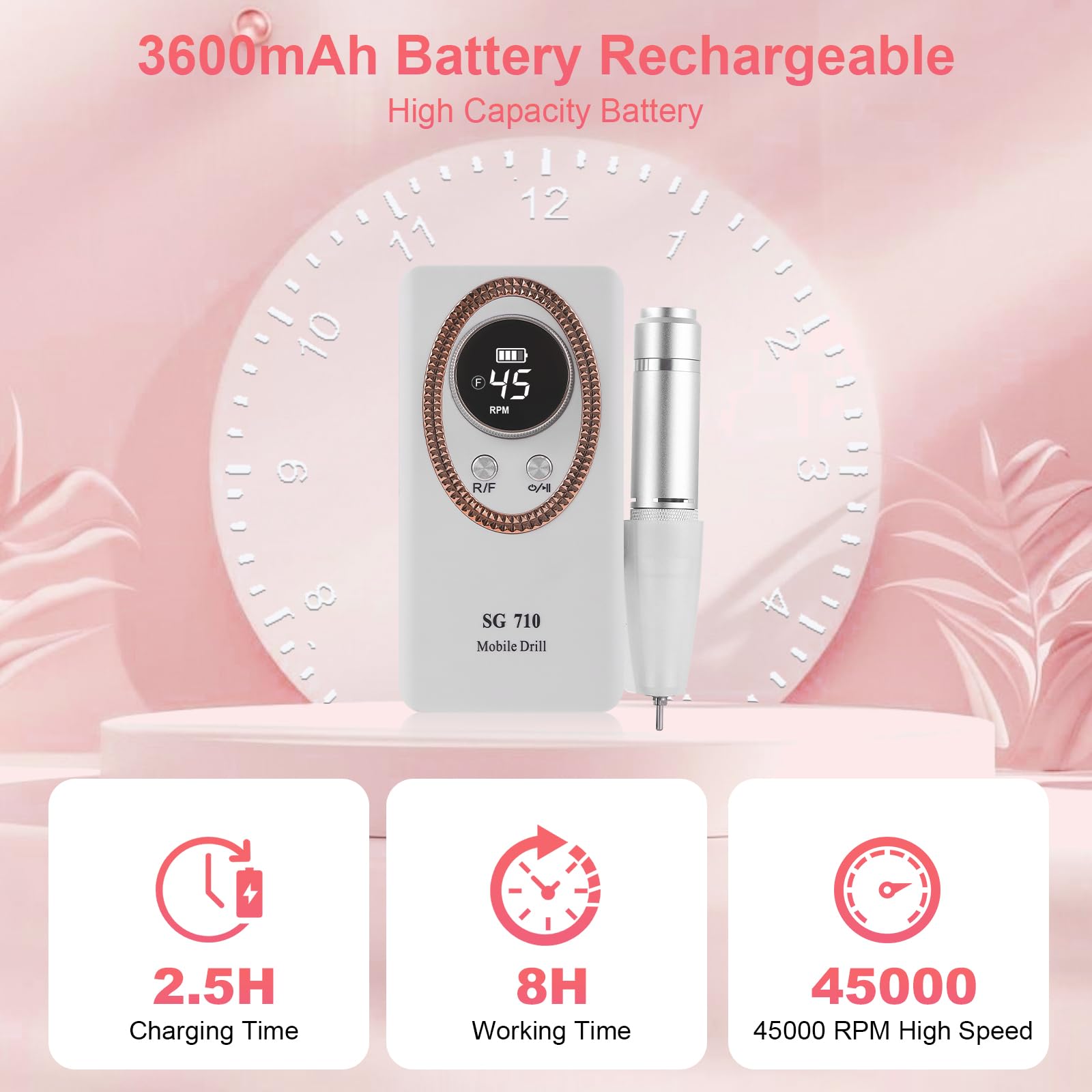 Taladro de uñas eléctrico de 45000 rpm, recargable, portátil, lima de uñas eléctrica con pantalla LCD inteligente para manicura de uñas de gel y pedicura, cuerpo reflectante, etc. (blanco)