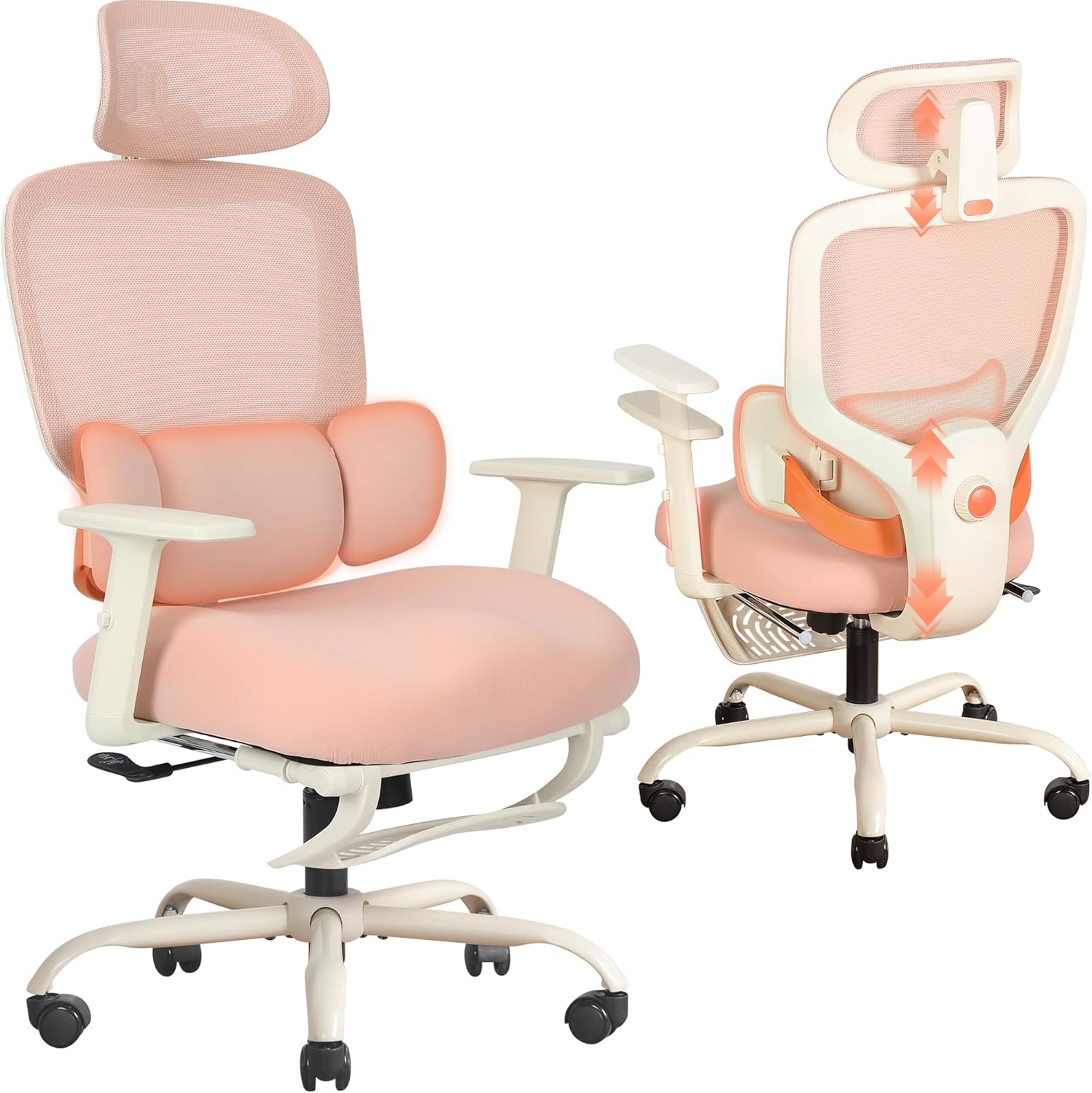 Ergonomic Office Chair with Footrest, Mesh Desk Chair with Adjustable Headrest & Armrests & Dynamic Floating Wing Lumbar Support, High Back Computer Chair for Home Office, BIFMA Certified, Pink