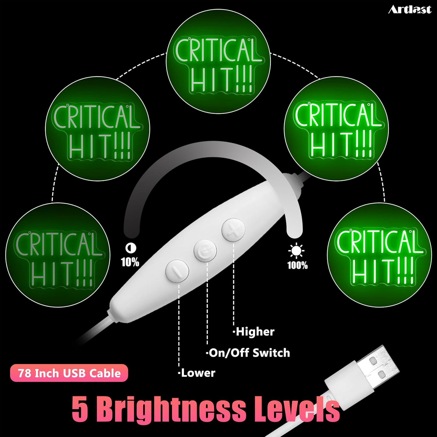 CRITICAL HIT LED Neon Sign 13.4" Dimmable Green Gaming Wall Decor Retro Video Game Damage Light for Gamer Room, Man Cave & Studio Setup Funny Gift for Gamers