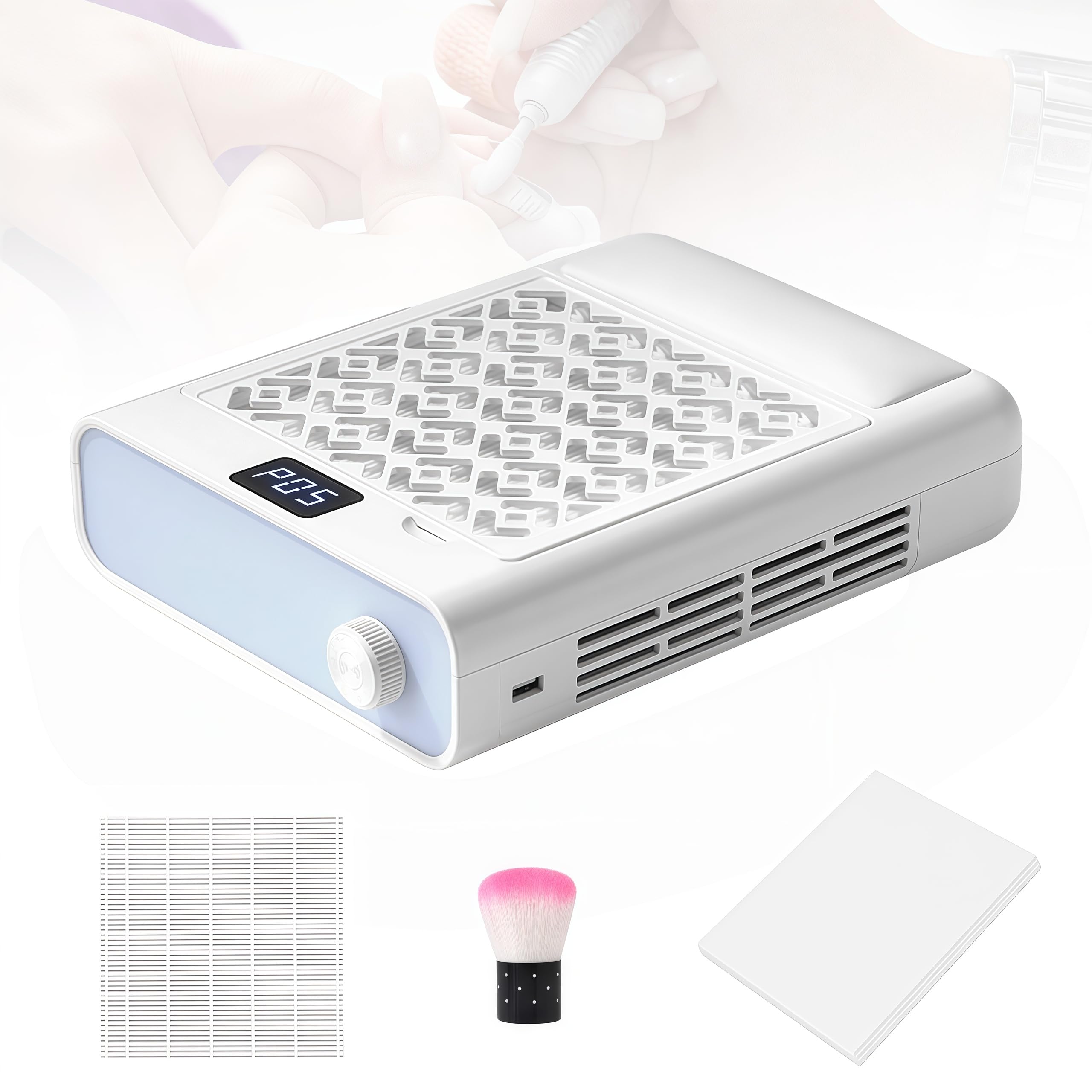 Aspirador Uñas, Aspiradora de Uñas de 3600 RPM con 2 Filtro 10 Filtros de Algodón y 1 Cepillo Colector de Polvo Blanco con Ajuste de Cinco Niveles y Pantalla LED para Salón de Uñas y Hogar