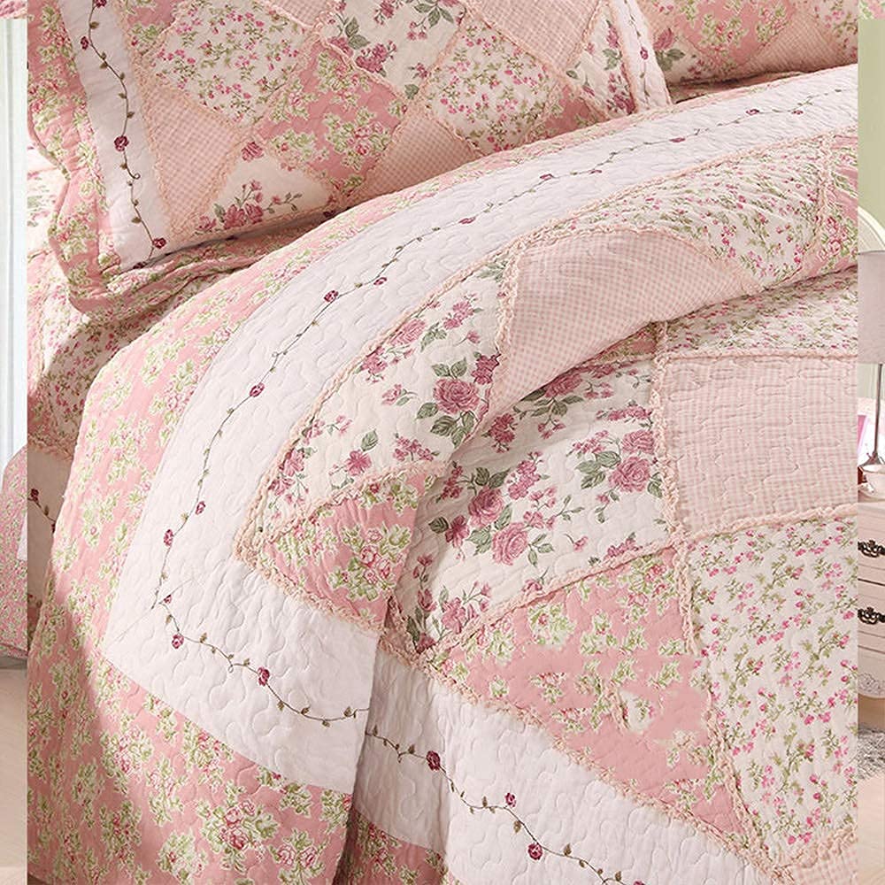 3-teiliges Tagesdeckenset aus Baumwolle, hypoallergen, gestepptes Bettdeckenset, 1 Bettdecke mit 2 Kissenbezügen, Queen-Size-Größe, 228,6 x 258,9 cm, Rosa, Romantisch