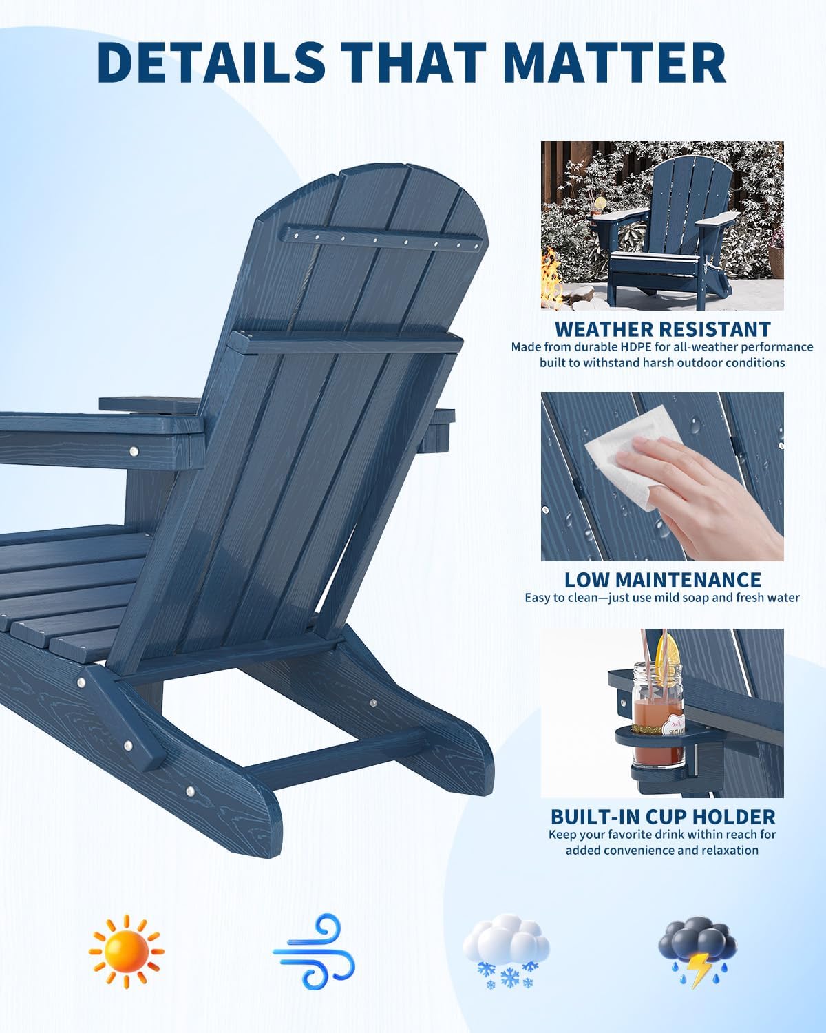 Garvee Chaise Adirondack Pliante HDPE Effet Bois – Résistante Pluie et Toutes Saisons – Porte-gobelet – Idéale terrasse, Jardin, Piscine, Coin feu – Bleu Marine embossé – Embossed Wood Grain