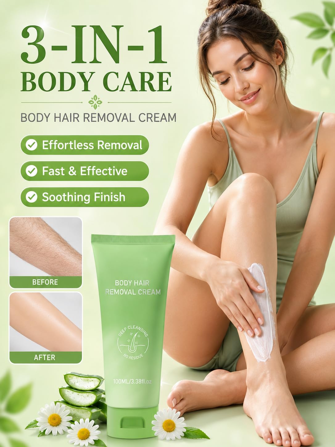 Hair Removal Cream for Women, Gentle Hair Remover Cream for Women & Men with Aloe Vera and Chamomile, Smooth Skin Finish for Legs, Arms, Underarms & Bikini Line, Sensitive Skin Formula(3.38 Fl Oz)