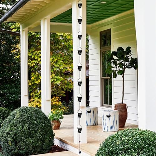 Miniatura 5 de giole 10.92 pies Cadena de lluvia negra cuadrada para exterior con 12 tazas Cadena de lluvia ajustables de metal para atrapar la lluvia para