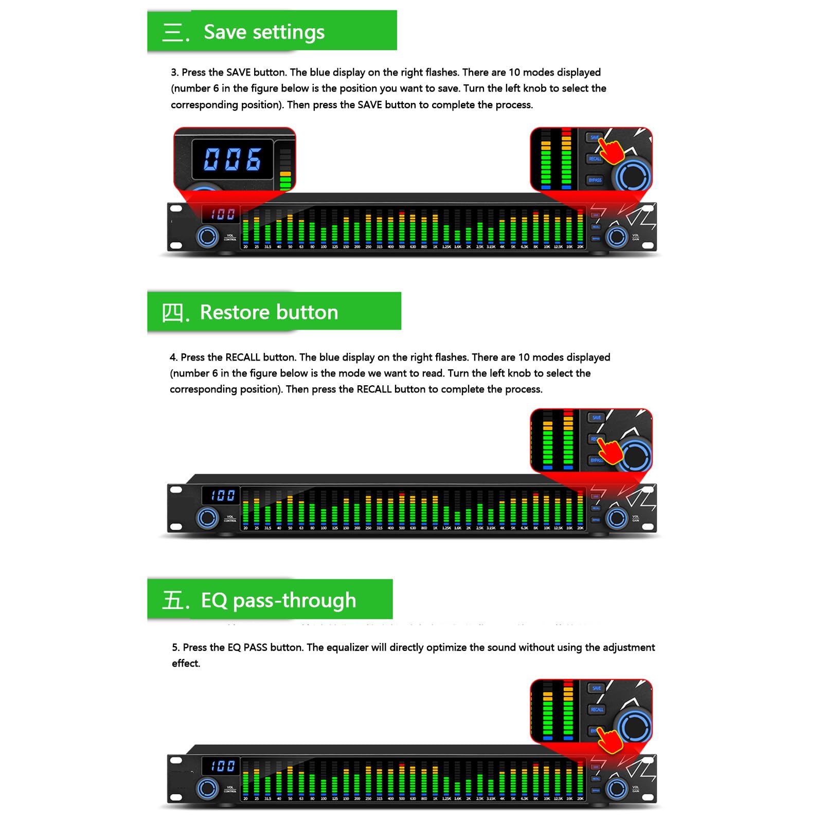 Égaliseur audio graphique numérique 31 bandes avec 10 effets prédéfinis, réduction du bruit pour un son haute définition, idéal pour scène, concert et studio d'enregistrement