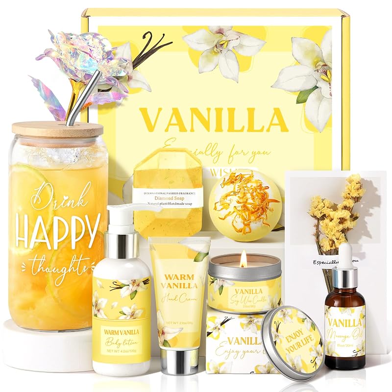 GiftPeak Kit de banho e corpo com fragrância de baunilha, copo de vidro e cartão — 9 itens
