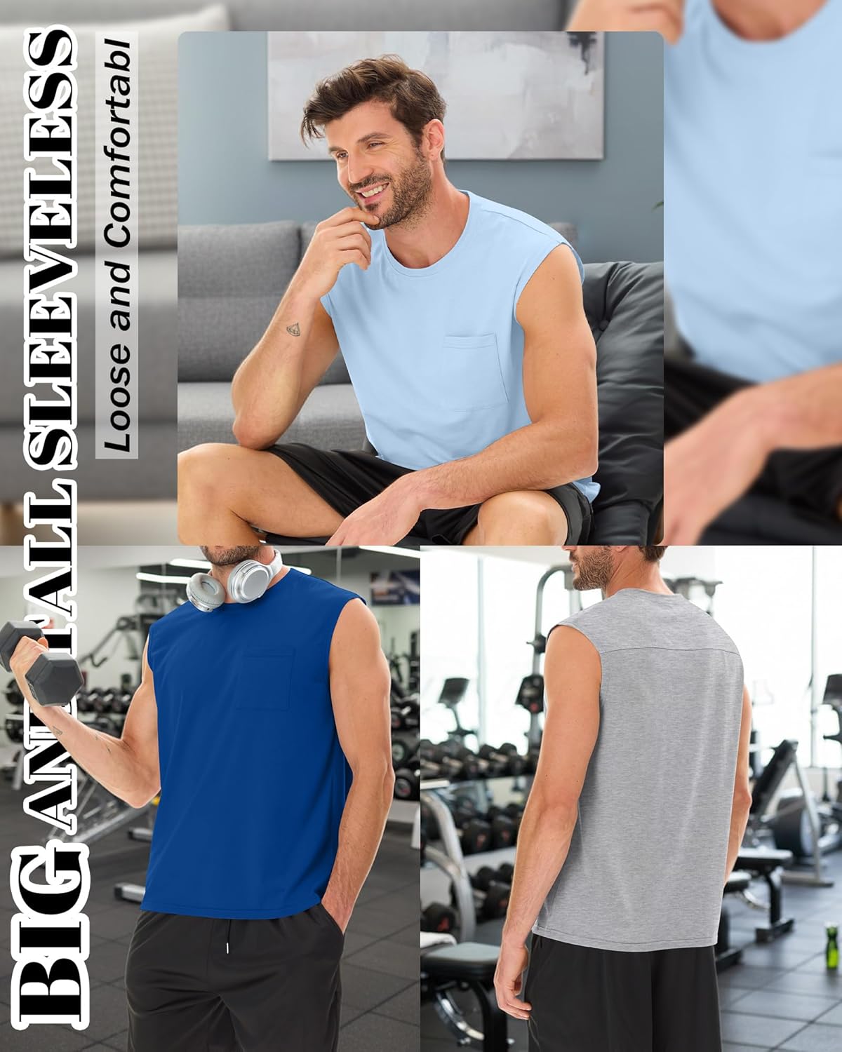 4 Pack Men's Big and Tall Tank Tops L-5XL Workout Sleeveless Gym Muscle Shirts Summer Crew Neck Tee with Pocket