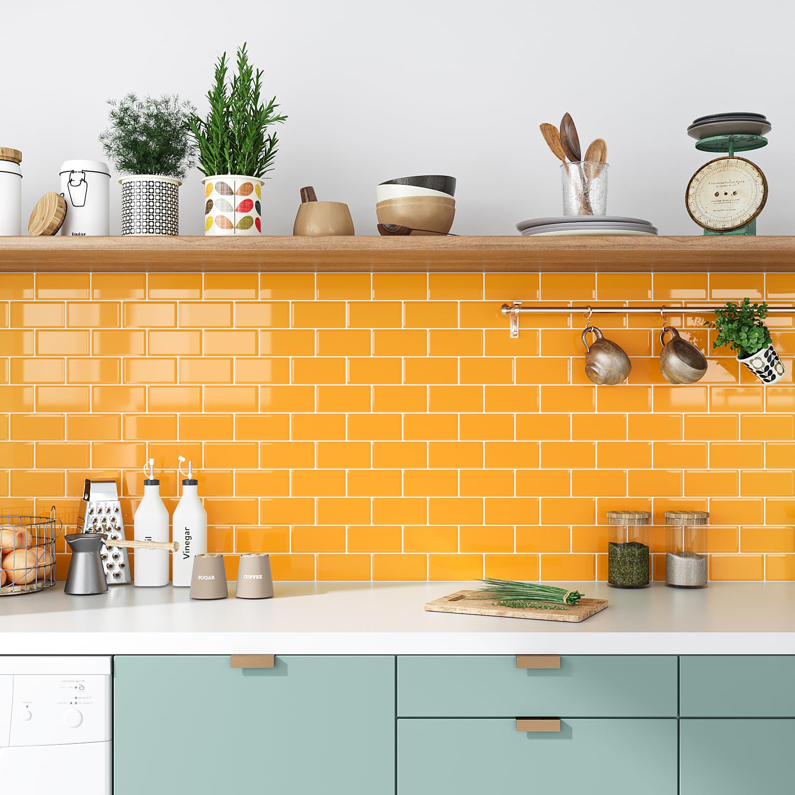 VEELIKE Azulejos Adhesivos Cocina Amarillo Brillante Rectangulares 3D Baldosas Adhesivas Pared Baño Vinilo Cocina Pared Azulejos Adhesivos Pegatinas de Baldosas Lavanderías 30.5cm×30.5cm 12 Piezas