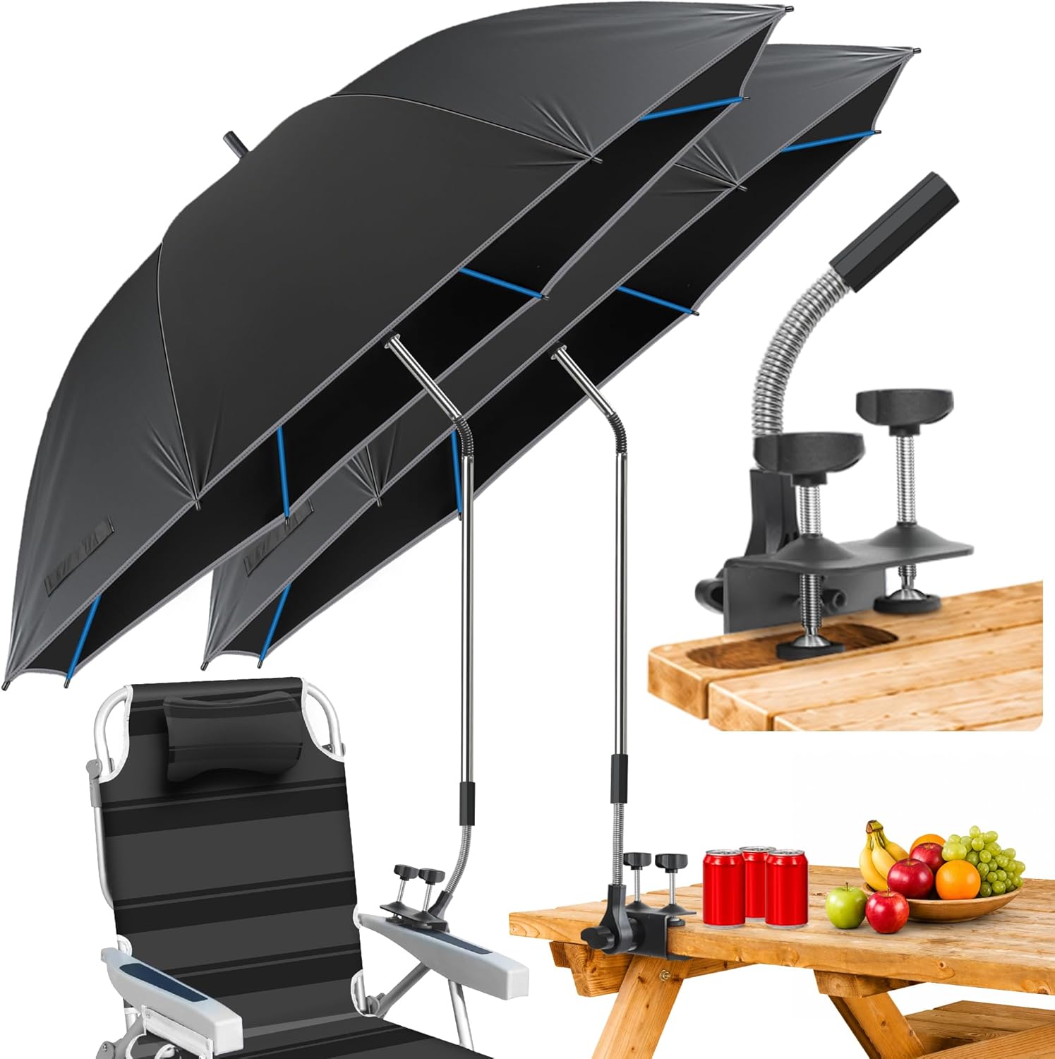 Beach Umbrella,2PACK 48.7inch Chair Umbrella with Clamp adjustable 360°,UV Protection Large Camping Chair Umbrellas for Camping chair, Glof Cart,Table(Chair,Table not include)