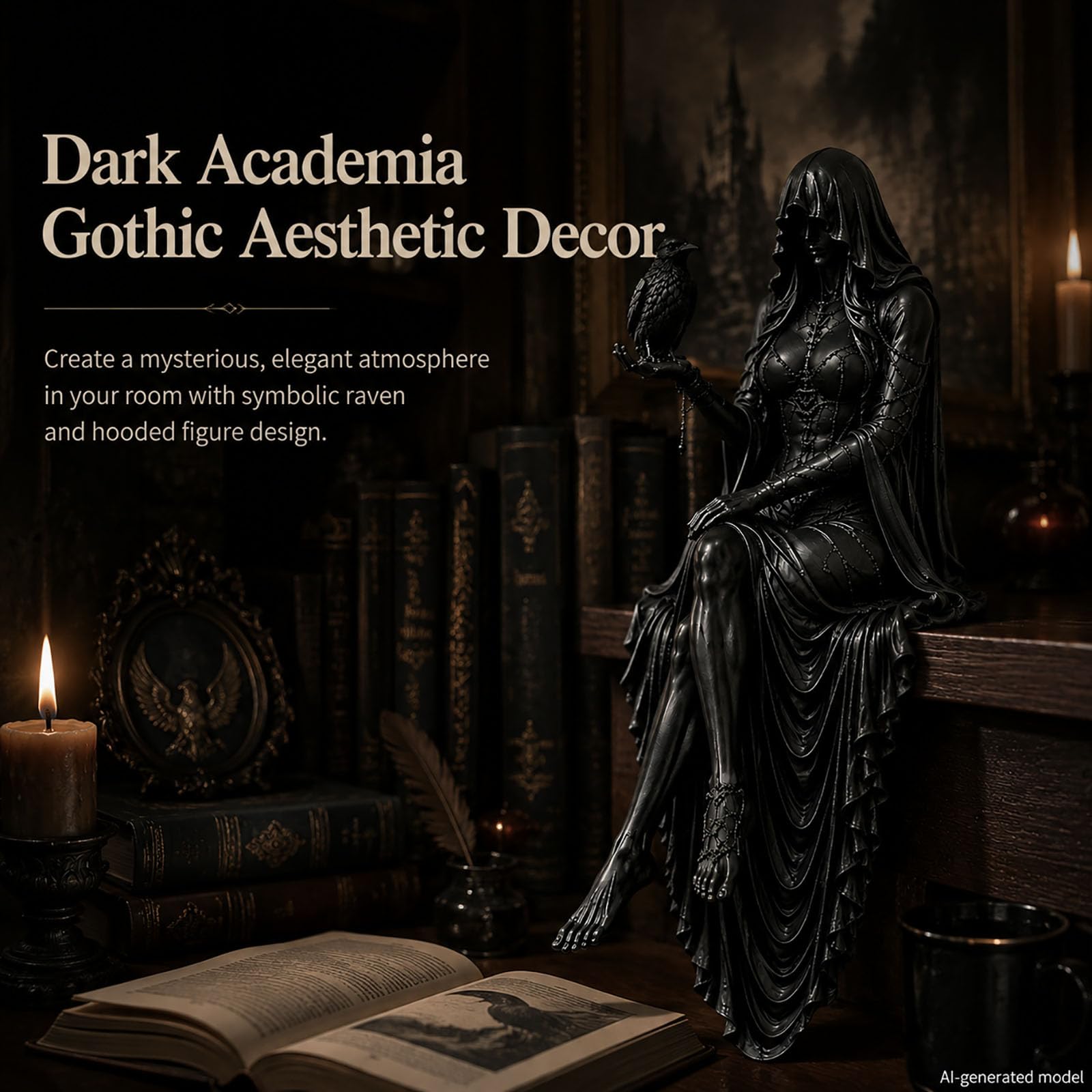Estatua gótica de niñera de cuervo, estatua gótica de dama oscura con capucha, bruja sosteniendo cuervo, decoraciones de Halloween, figura de mujer sentada, para amantes de la academia oscura (AA#)