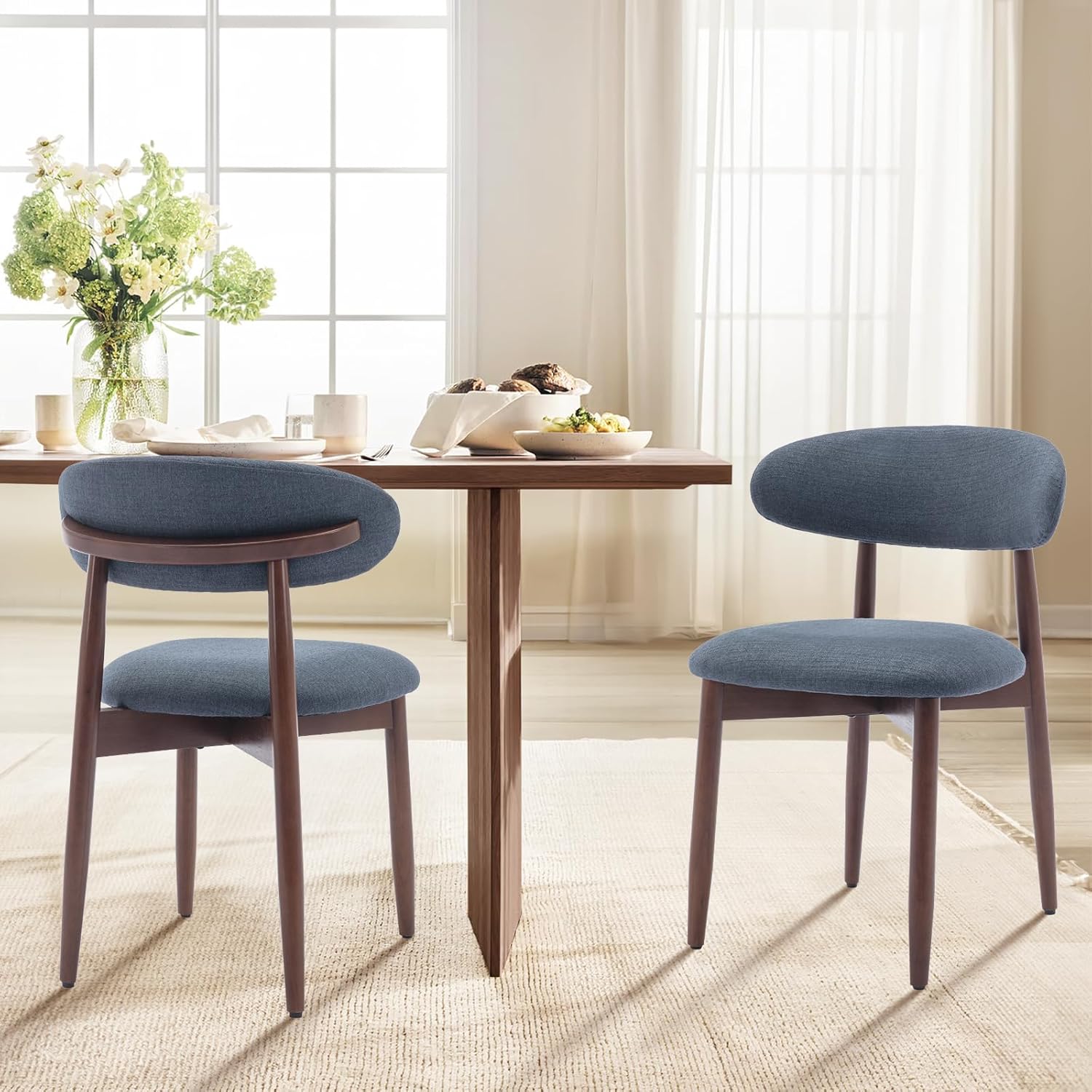 COLAMY Wooden Dining Chairs Set of 2, Modern Fabric Upholstered Dining Room Chair, Farmhouse Kitchen Side Chairs with Foot Pegs, Blue Blue Set of 2