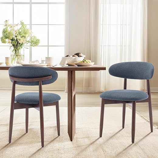 COLAMY Wooden Dining Chairs Set of 2, Modern Fabric Upholstered Dining Room Chair, Farmhouse Kitchen Side Chairs with Foot Pegs, Blue