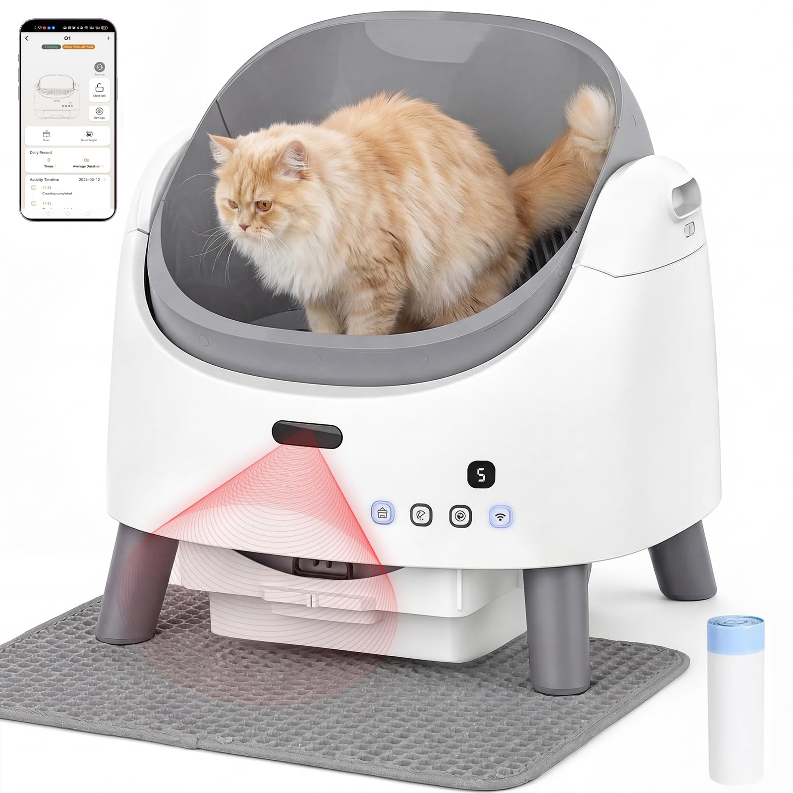 MoraRise Self Cleaning Cat Litter Box Open-Top Automatic Litter Tray with App Control, Adjustable Entrance Height, 8L Waste Bin