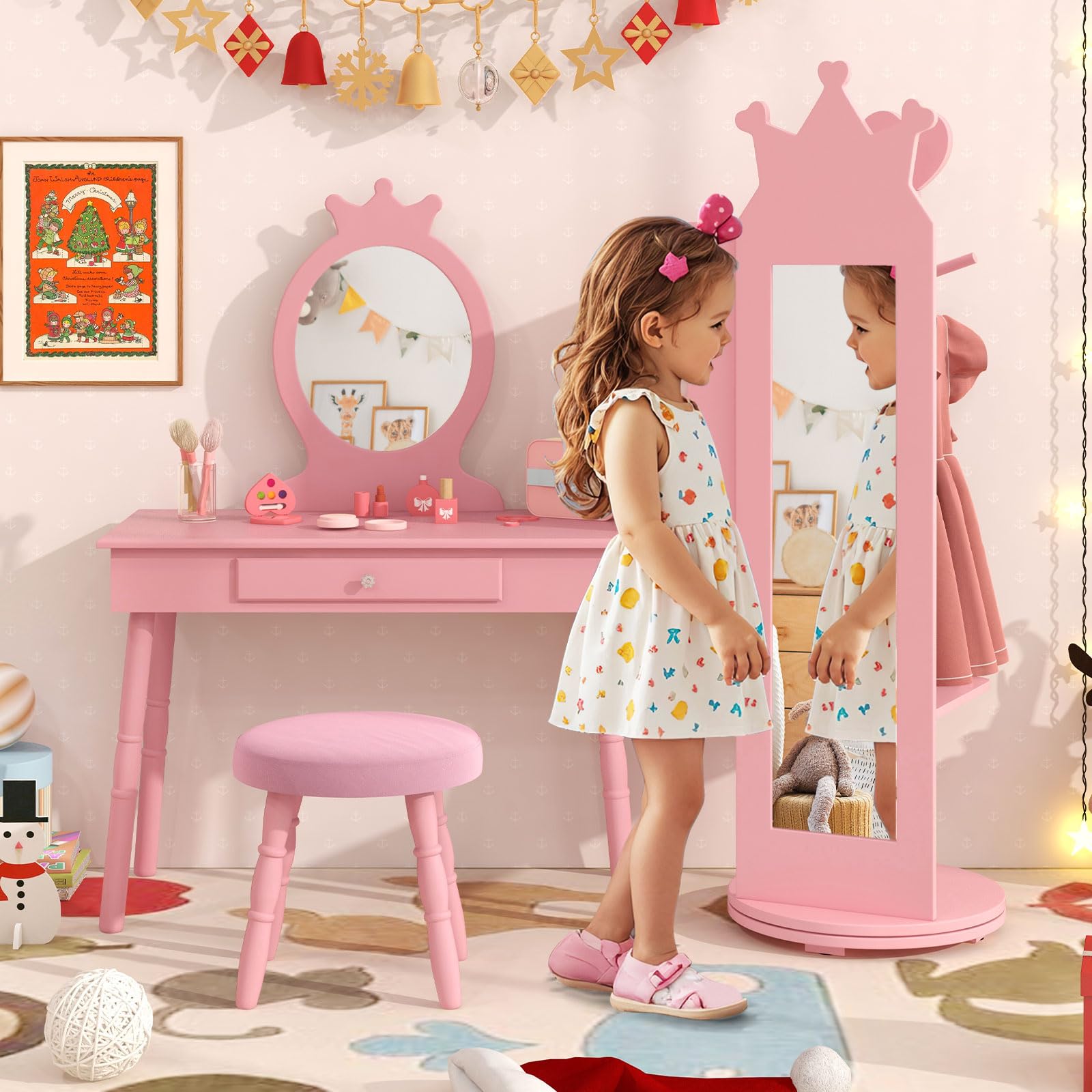 COSTWAY Armario de Joyería para Niñas, Espejo Joyero de Cuerpo Entero de Pie con Base Giratoria y Gran Capacidad de Almacenamiento, Armario para Joyas con Espejo y Perchero (Rosa)