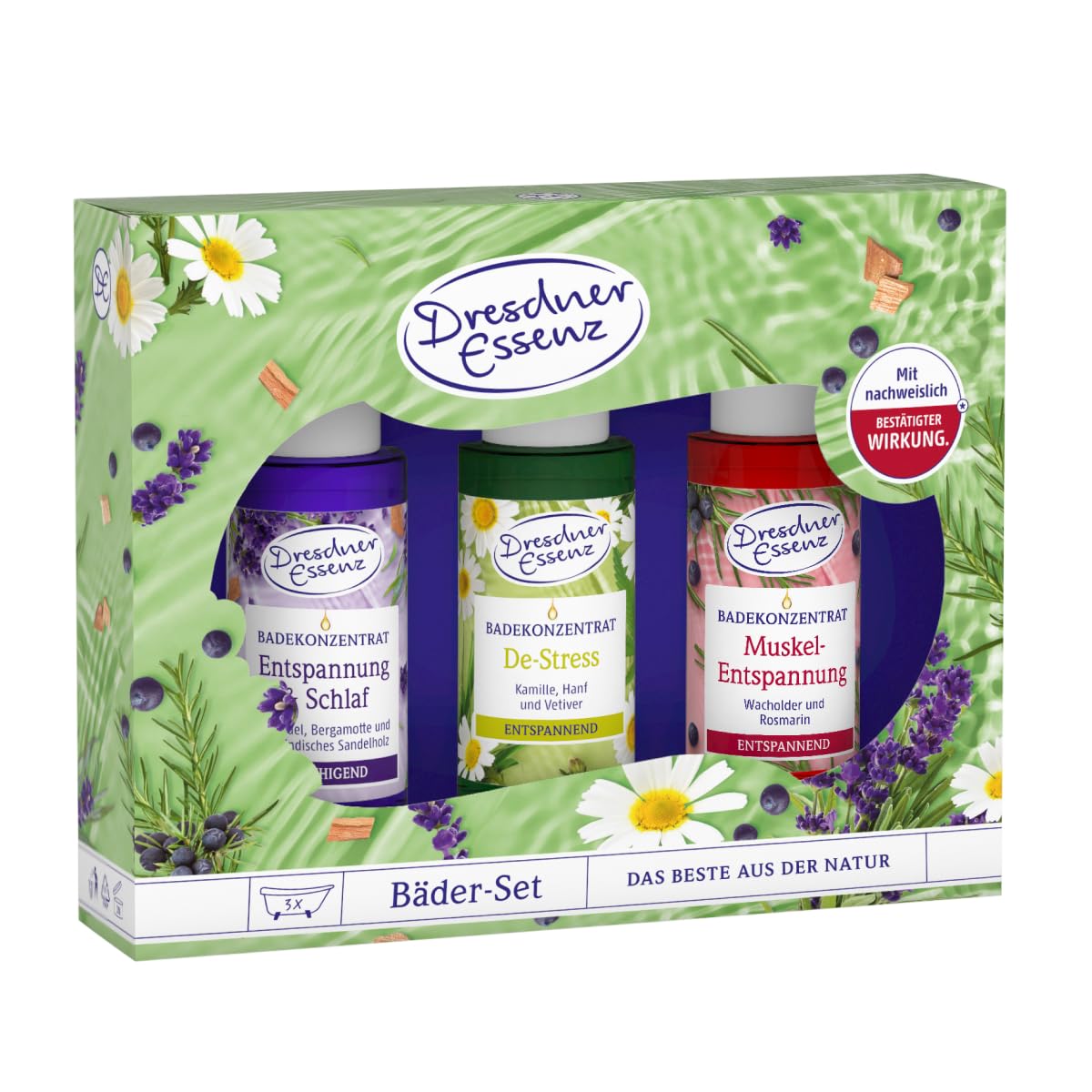 Naturally Healthy Feel Bath Set, Dresdner Essenz Set with Health Baths, 3 x 20 ml Bath Additives for Relaxation, Stress and Muscles, with Natural Essential Oils for Your Well-Being