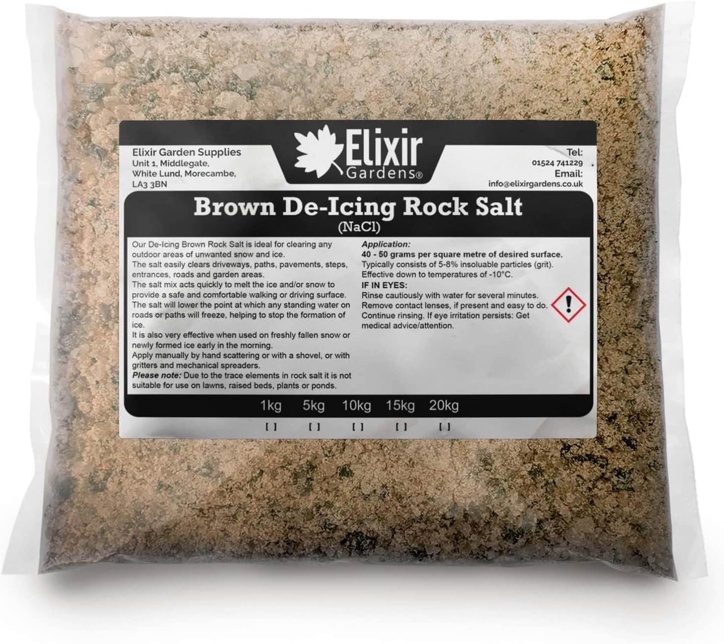 Elixir Gardens | De-Icing Rock Salt | Quantities from 1kg-20kg | From 20 sq.m-500sq.m Coverage | Perfect for Melting/Gritting Ice & Snow on Paths, Drives, Pavements & Steps | Brown De-Icer | 1kg Bag