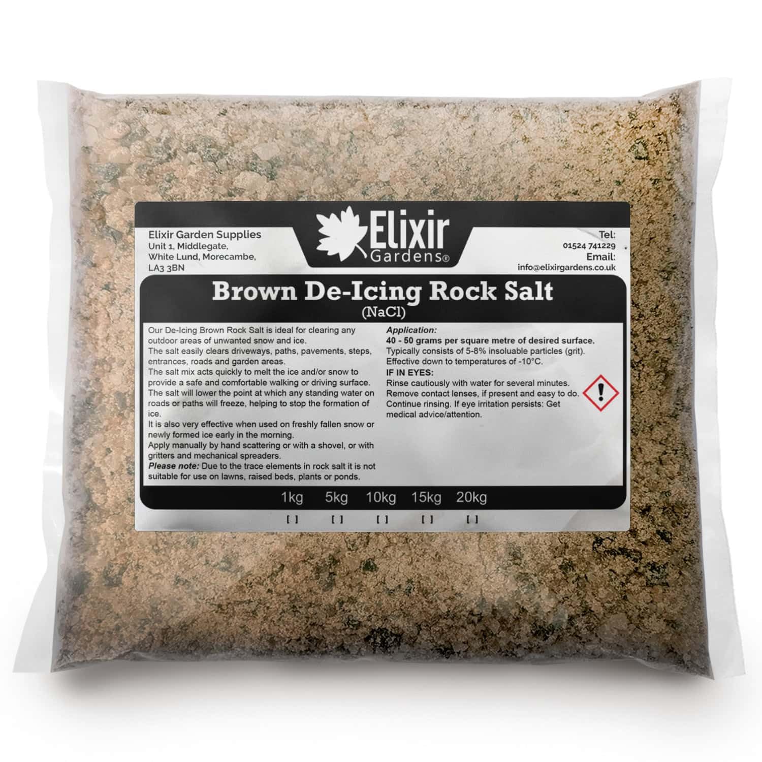 Elixir Gardens | De-Icing Rock Salt | Quantities from 1kg-20kg | From 20 sq.m-500sq.m Coverage | Perfect for Melting/Gritting Ice & Snow on Paths, Drives, Pavements & Steps | Brown De-Icer | 1kg Bag