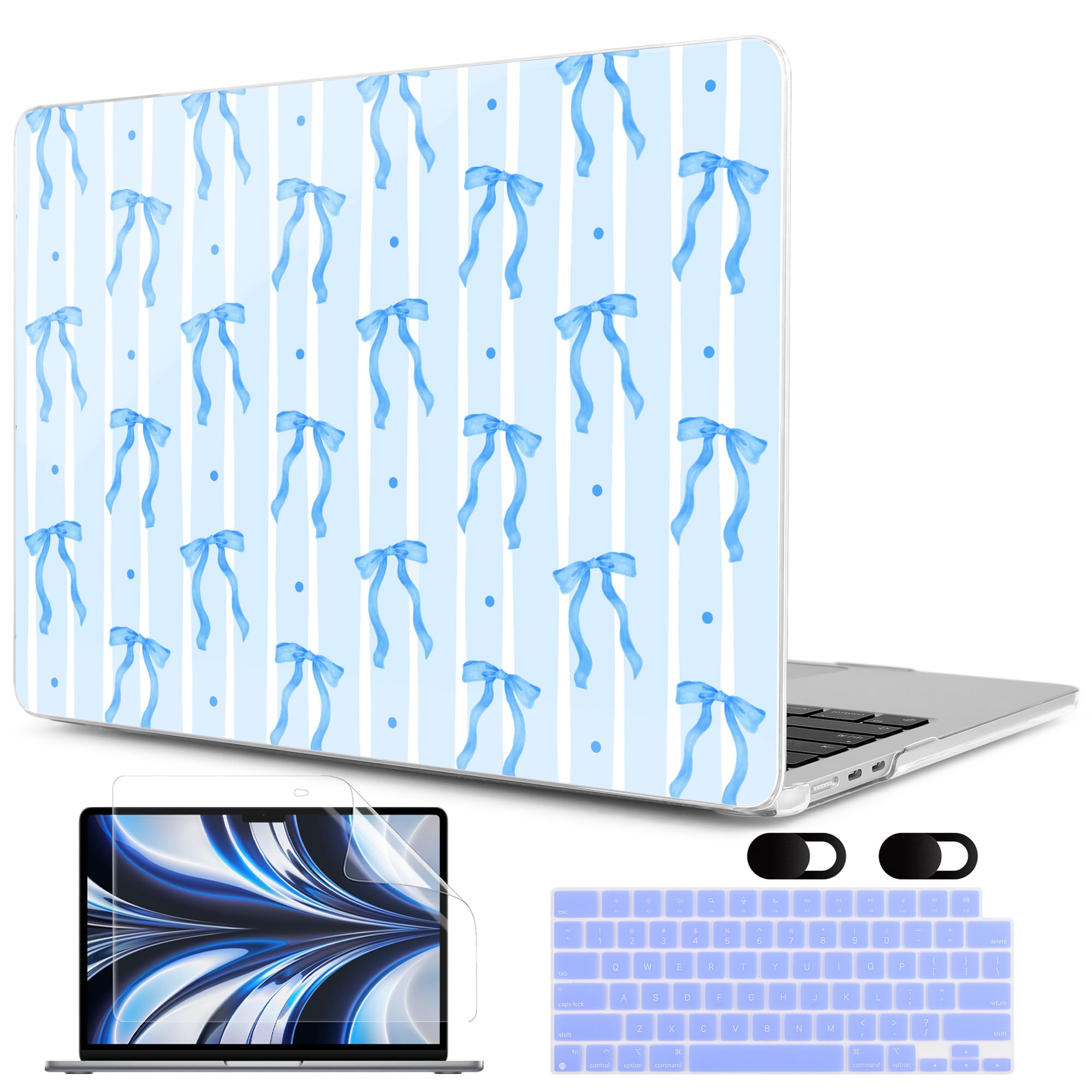 MEEgoodo Case for MacBook Pro 16 inch 2026 2024 2023 2021,Laptop Shell Compatible with M5 M4 M3 M2 M1 Pro/Max Chip,Fit Model A3429/A3428/A3403/A3186/A2991/A2780/A2485,Coquette Blue Ribbon Bow&amp;Stripe
