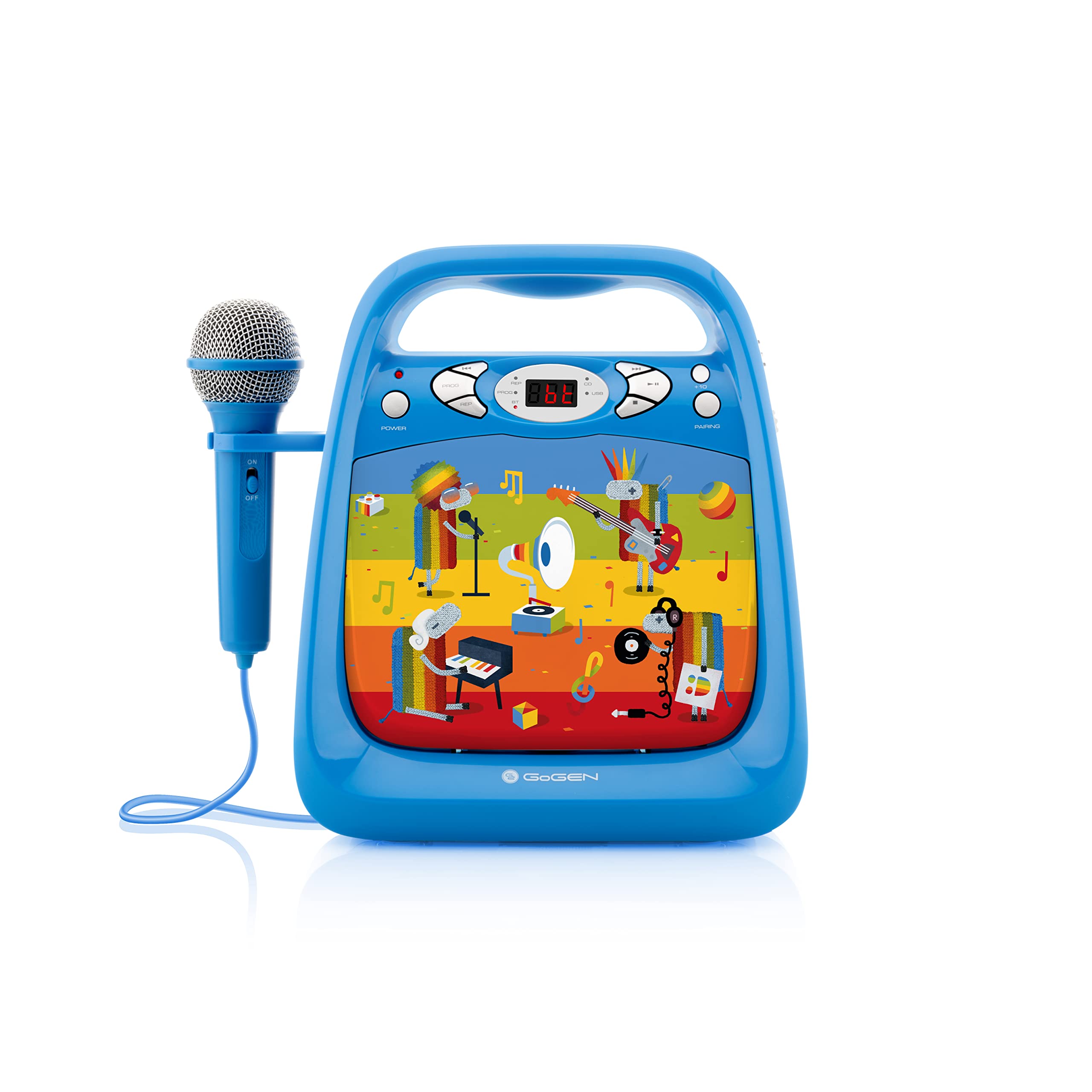 GOGEN Karaoke per bambini e lettore CD, USB I MP3, microfono incluso, uscita per cuffie, portatile, batteria o alimentatore di rete, Bluetooth, prodotto per bambini, blu