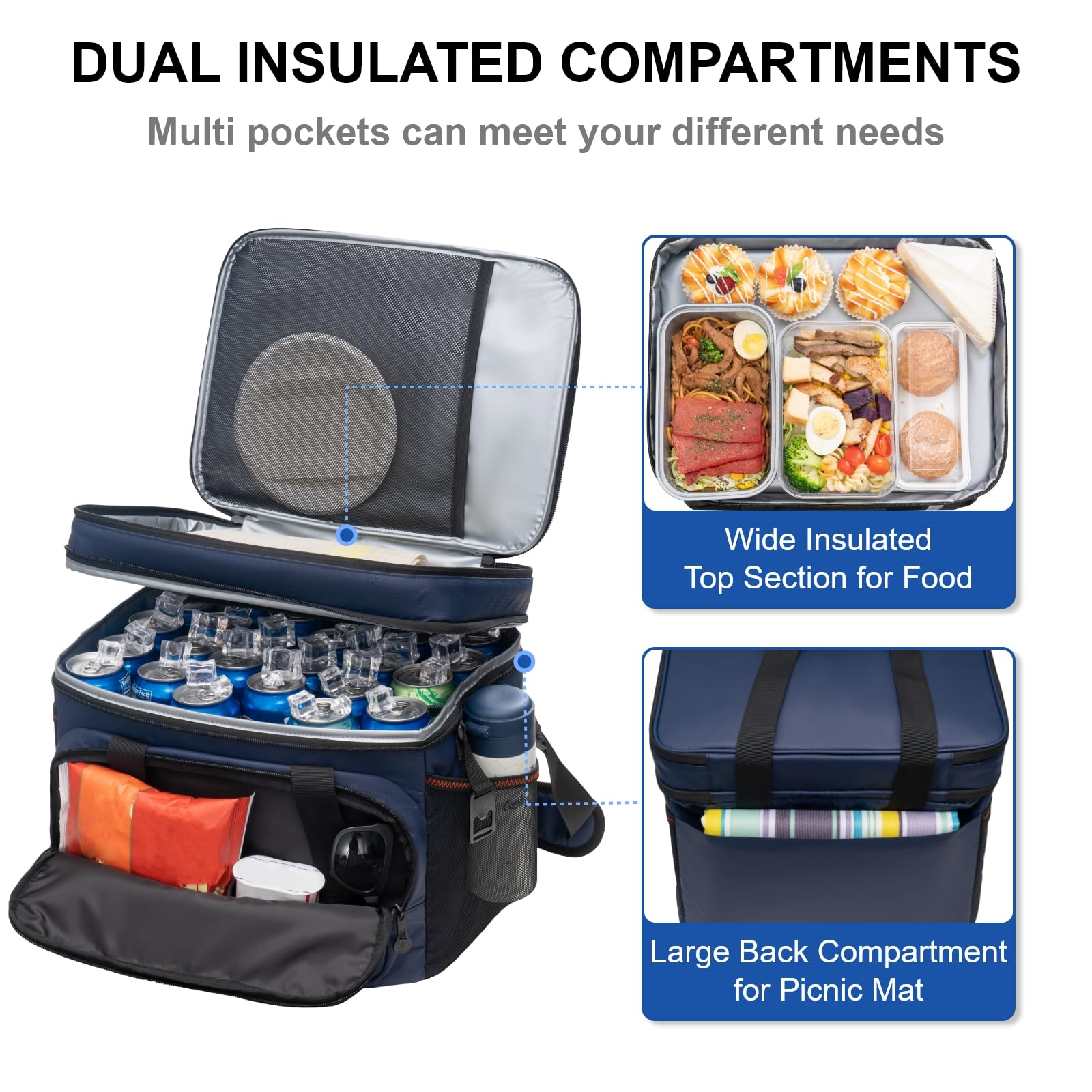 EVERFUN Grande borsa termica morbida da viaggio, spiaggia, isolante, per uomo, 48 lattine, doppio scomparti, pieghevole, impermeabile, a prova di perdite, per campeggio, picnic, blu navy