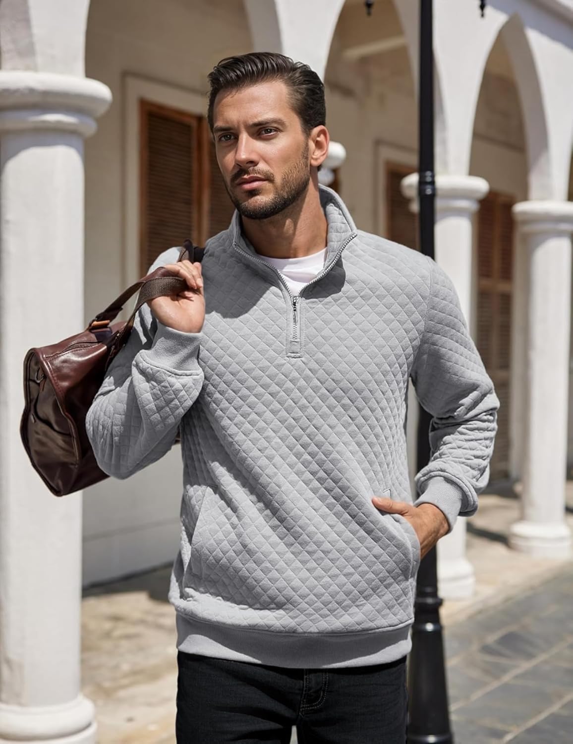 Mens Sweatshirt Quarter Zip Pullover Sweatshirt for Men Knit Mock Neck Long Sleeve Sweater Polo with Pocket - Image 2