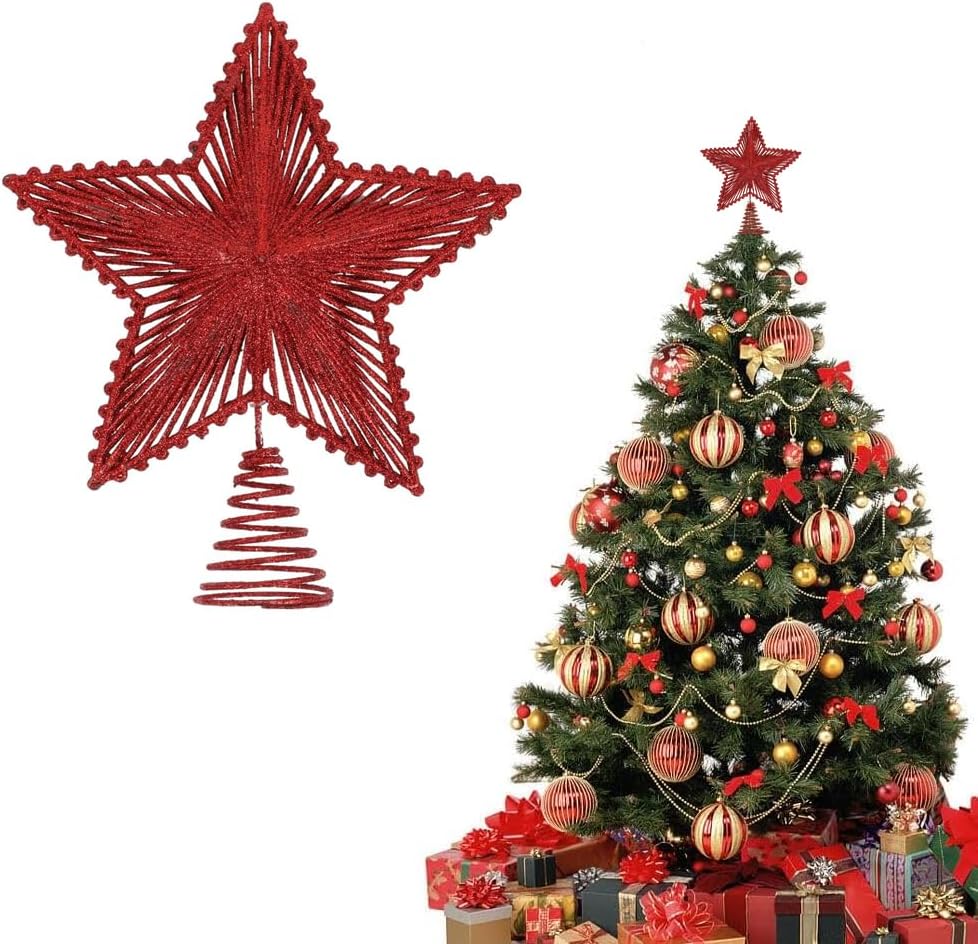Christmas Star Tree Topper,Xmas Tree Glittered Tree-Top Decoration,Christmas Tree Toppers Hollow Star Ornament,Hollowed Pentagram Treetop Decor for Xmas New Year Holiday Party Tree Decor(Red)