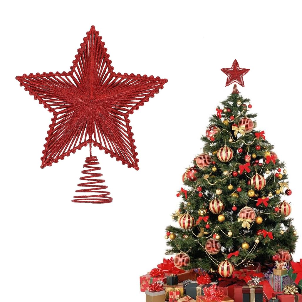 Aowin Christmas Star Tree Topper,Xmas Tree Glittered Tree-Top Decoration,Christmas Tree Toppers Hollow Star Ornament,Hollowed Pentagram Treetop Decor for Xmas New Year Holiday Party Tree Decor(Red)