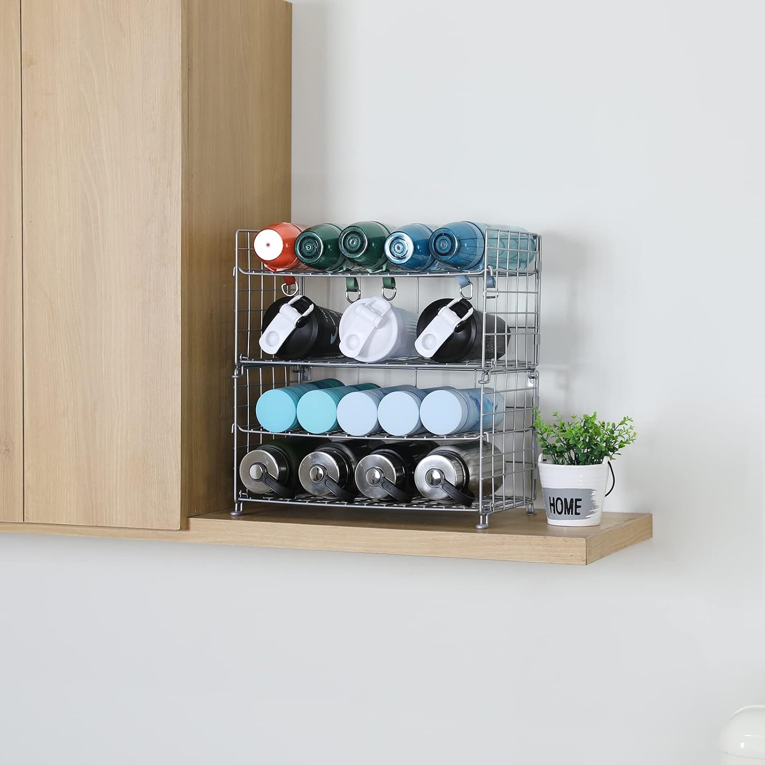 X-cosrack Water Bottle Organizer,4-Tier Wall-Mounted Water Bottle Holder, Stackable Water Bottle Storage Rack for Kitchen Pantry Cabinet,Large,Silver